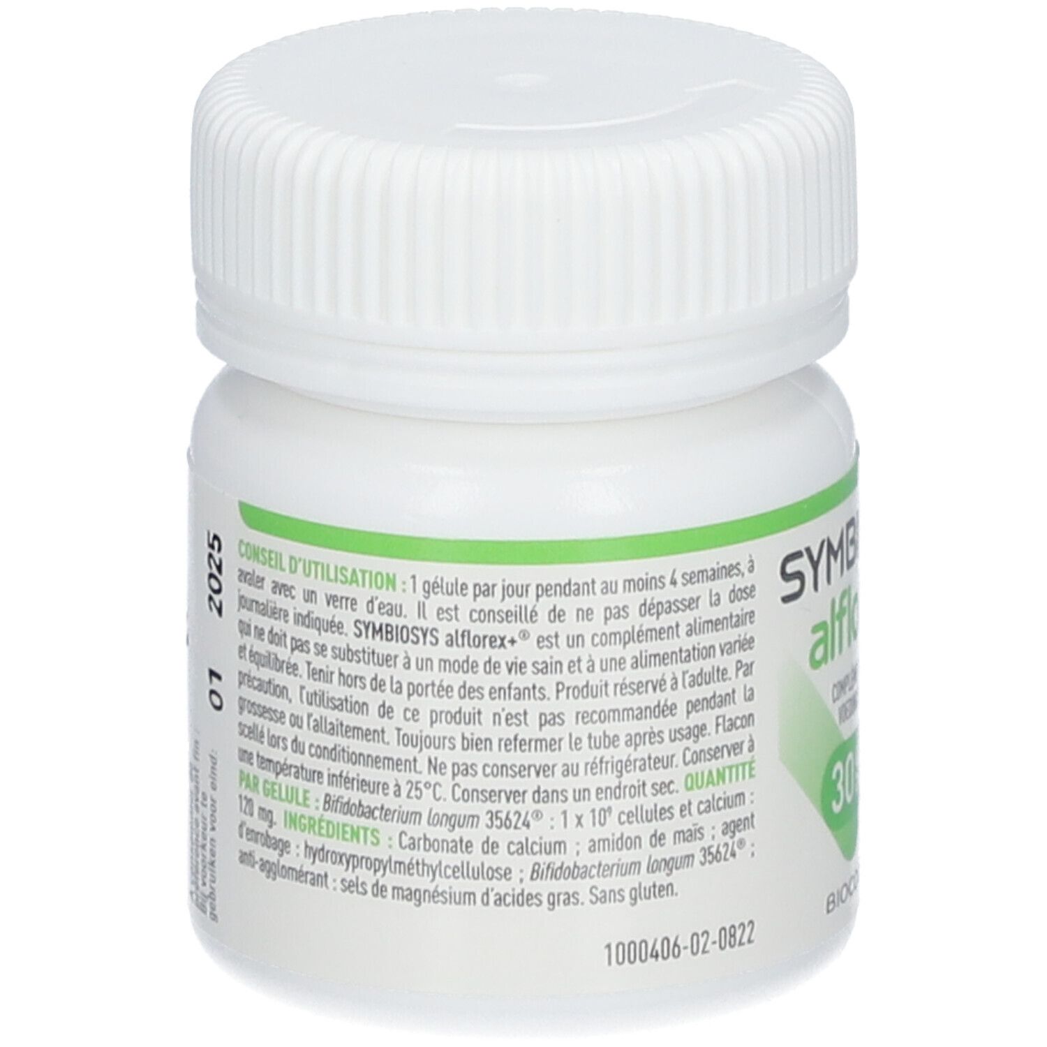 Rückseite der weißen Flasche SYMBIOSYS Alflorex+. Text in Französisch und Niederländisch.
