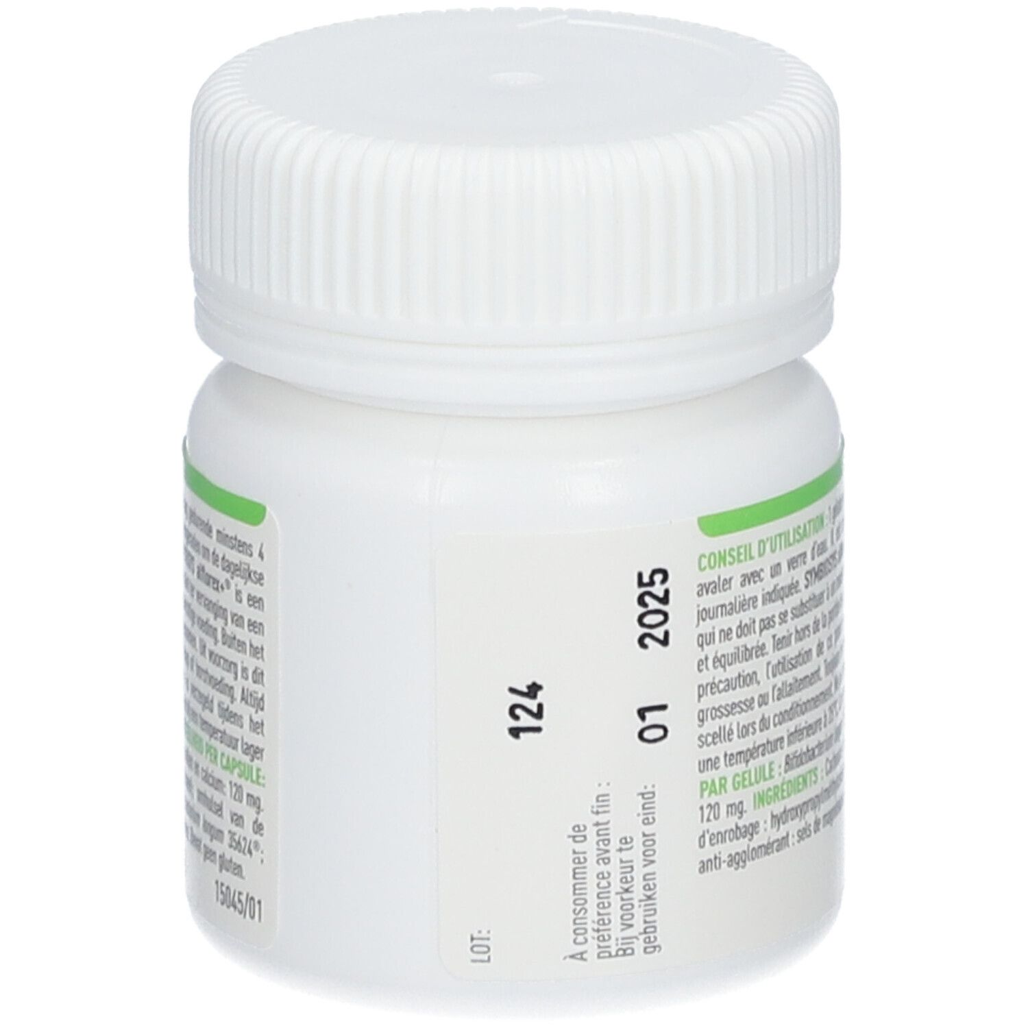 Rückseite der weißen Flasche SYMBIOSYS Alflorex+. Text in Französisch und Niederländisch.