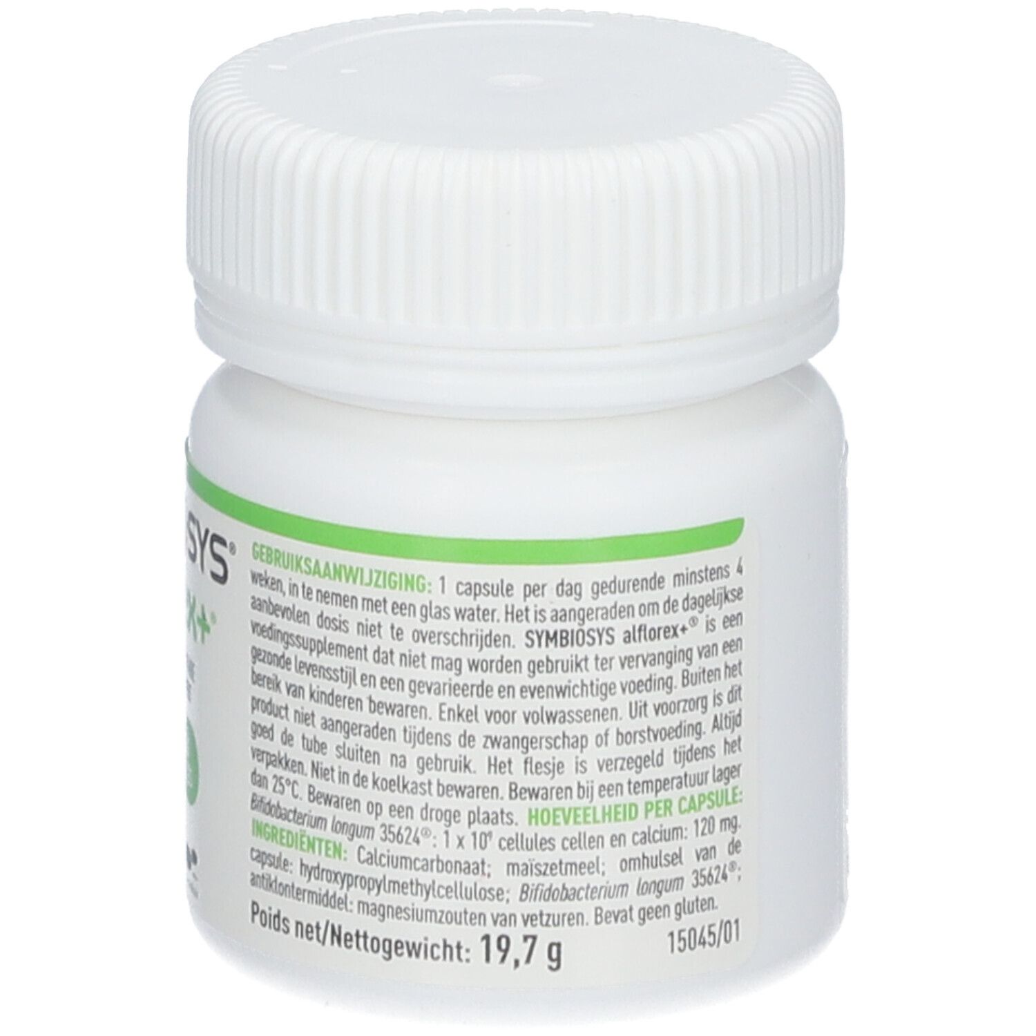 Rückseite der weißen Flasche SYMBIOSYS Alflorex+. Text in Französisch und Niederländisch.