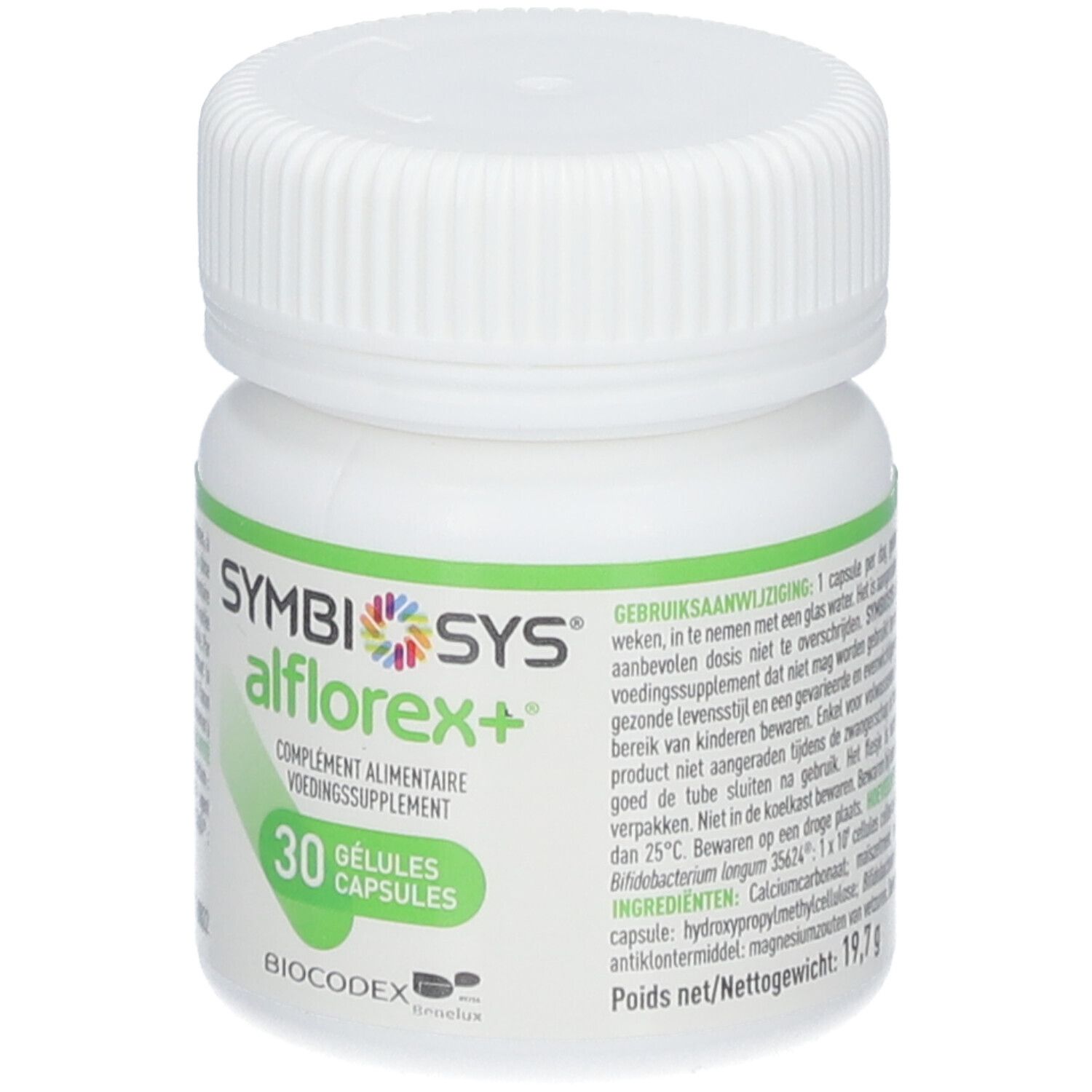 Weiße Flasche SYMBIOSYS Alflorex+ mit 30 Kapseln. Grün-weiße Etiketten.