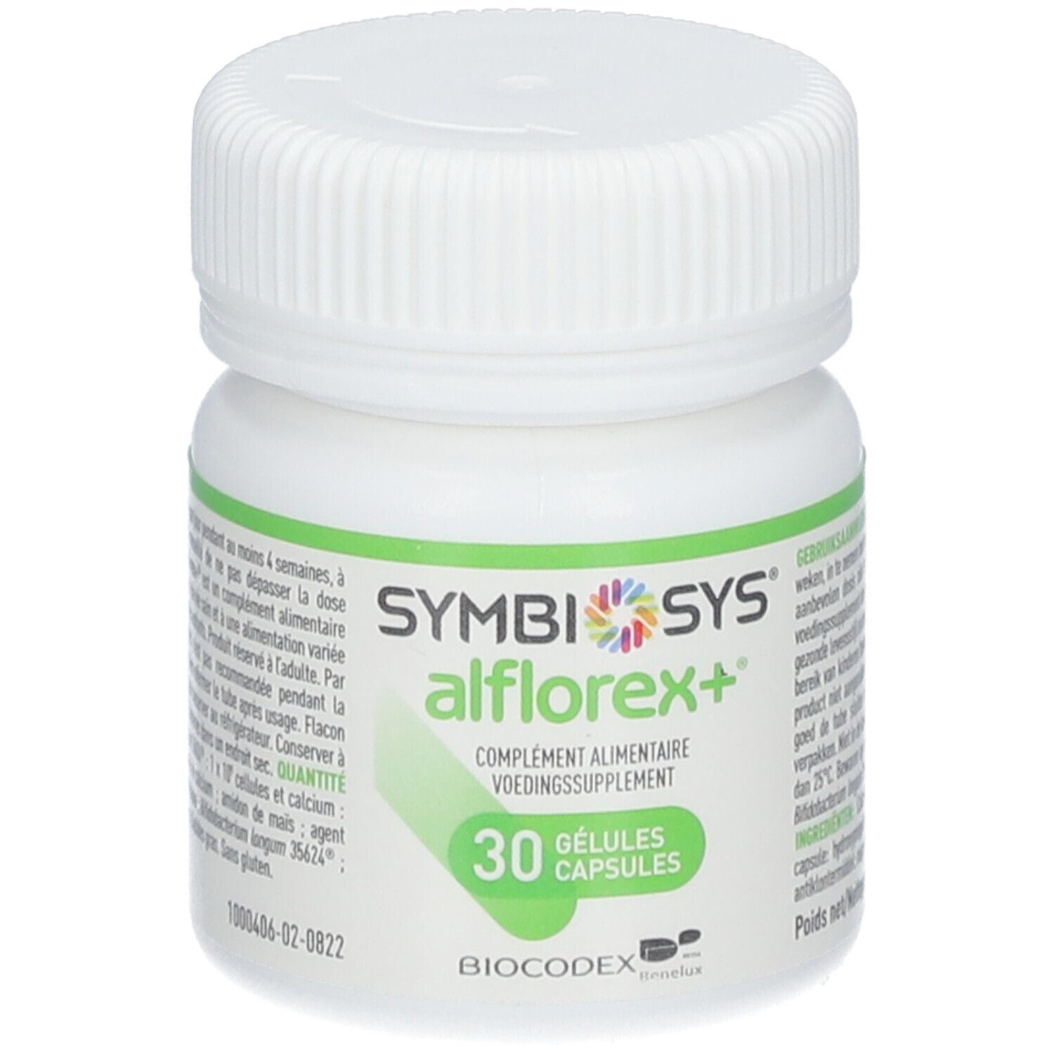 Weiße Flasche SYMBIOSYS Alflorex+ mit 30 Kapseln. Grün-weiße Etiketten.