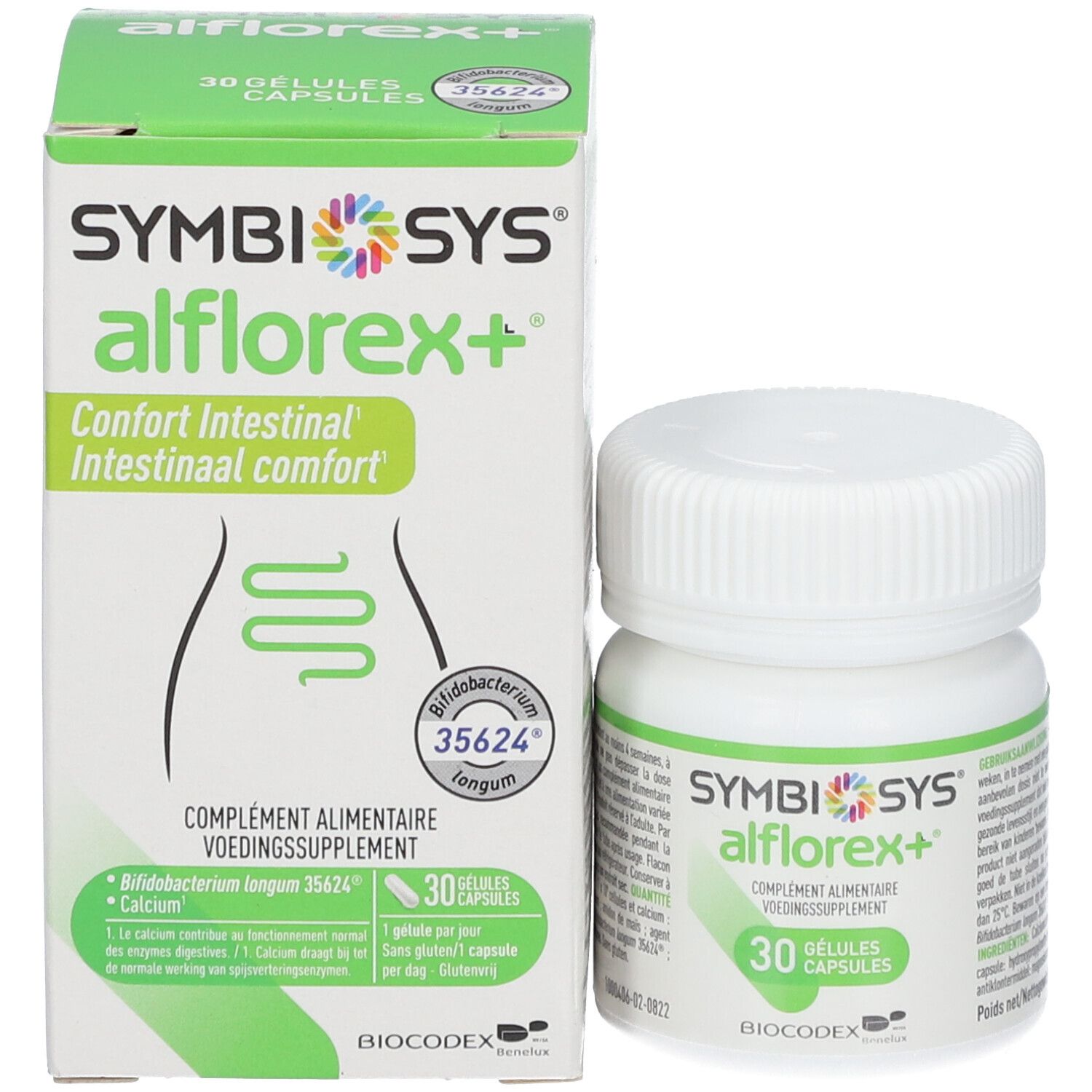 SYMBIOSYS Alflorex+ Packung und Flasche. 30 Kapseln. Grün-weißes Design.