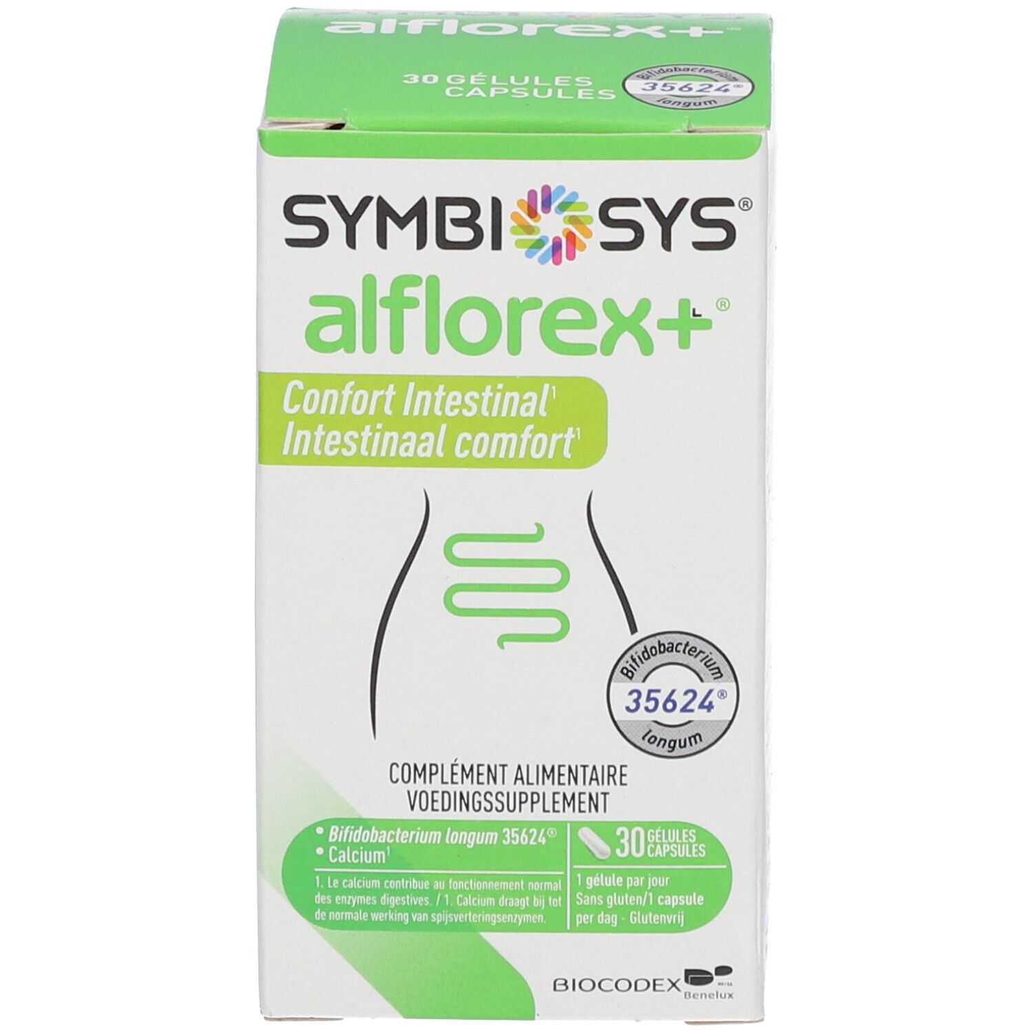 SYMBIOSYS Alflorex+ Packung. 30 Kapseln. Grün-weißes Design.