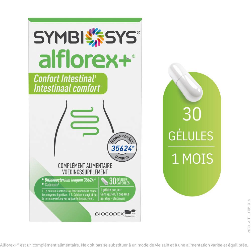 Boîte SYMBIOSYS Alflorex+ et gélule. 30 gélules. Design vert et blanc.