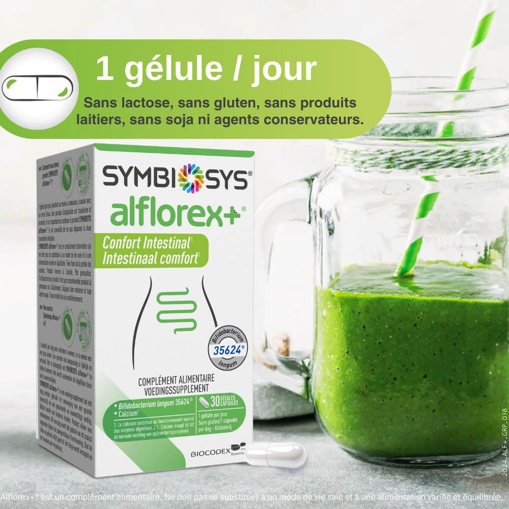 Boîte SYMBIOSYS Alflorex+ et gélule. 30 gélules. Design vert et blanc.