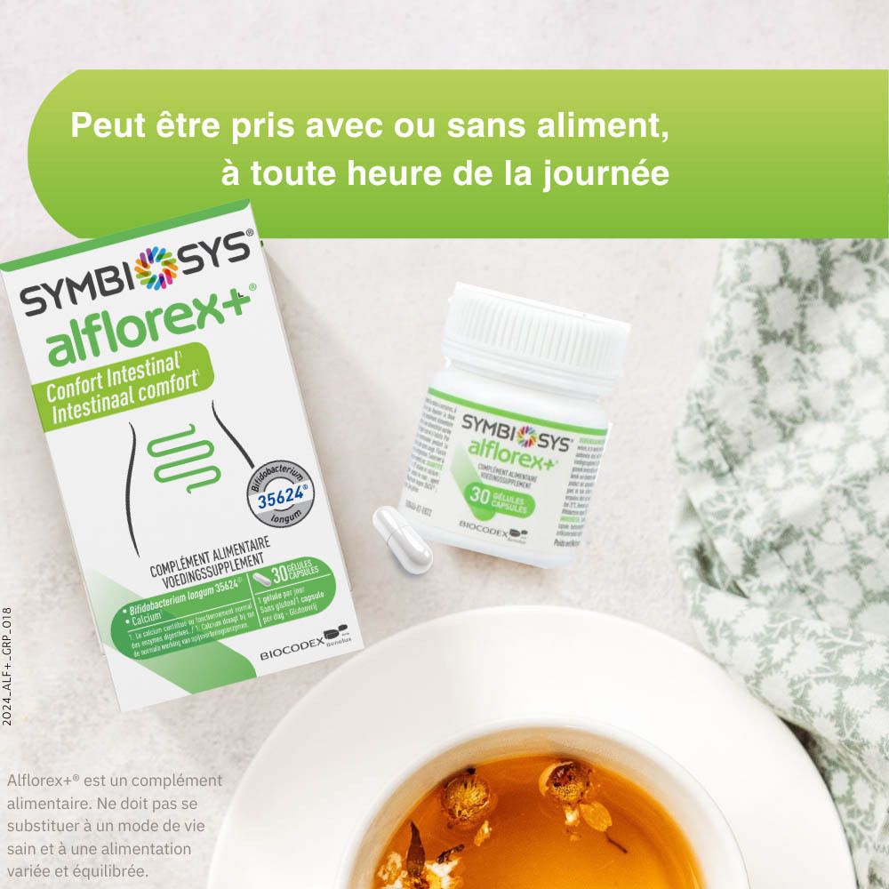 Boîte SYMBIOSYS Alflorex+ et gélule. 30 gélules. Design vert et blanc.