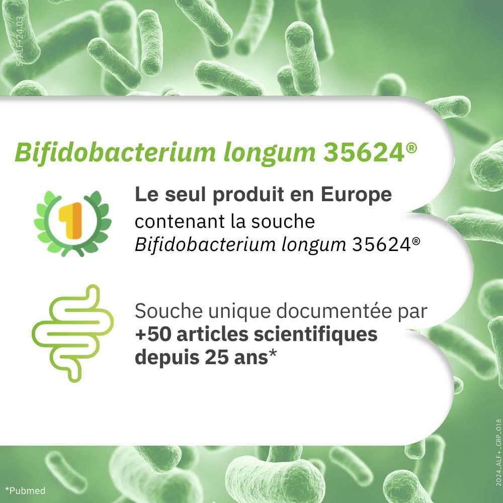 Boîte SYMBIOSYS Alflorex+ et gélule. 30 gélules. Design vert et blanc.