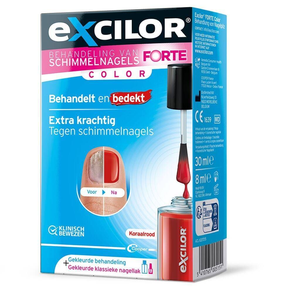 Excilor Forte, behandeling schimmelnagels. Koraalrood. Voor/Na. Klinisch bewezen.