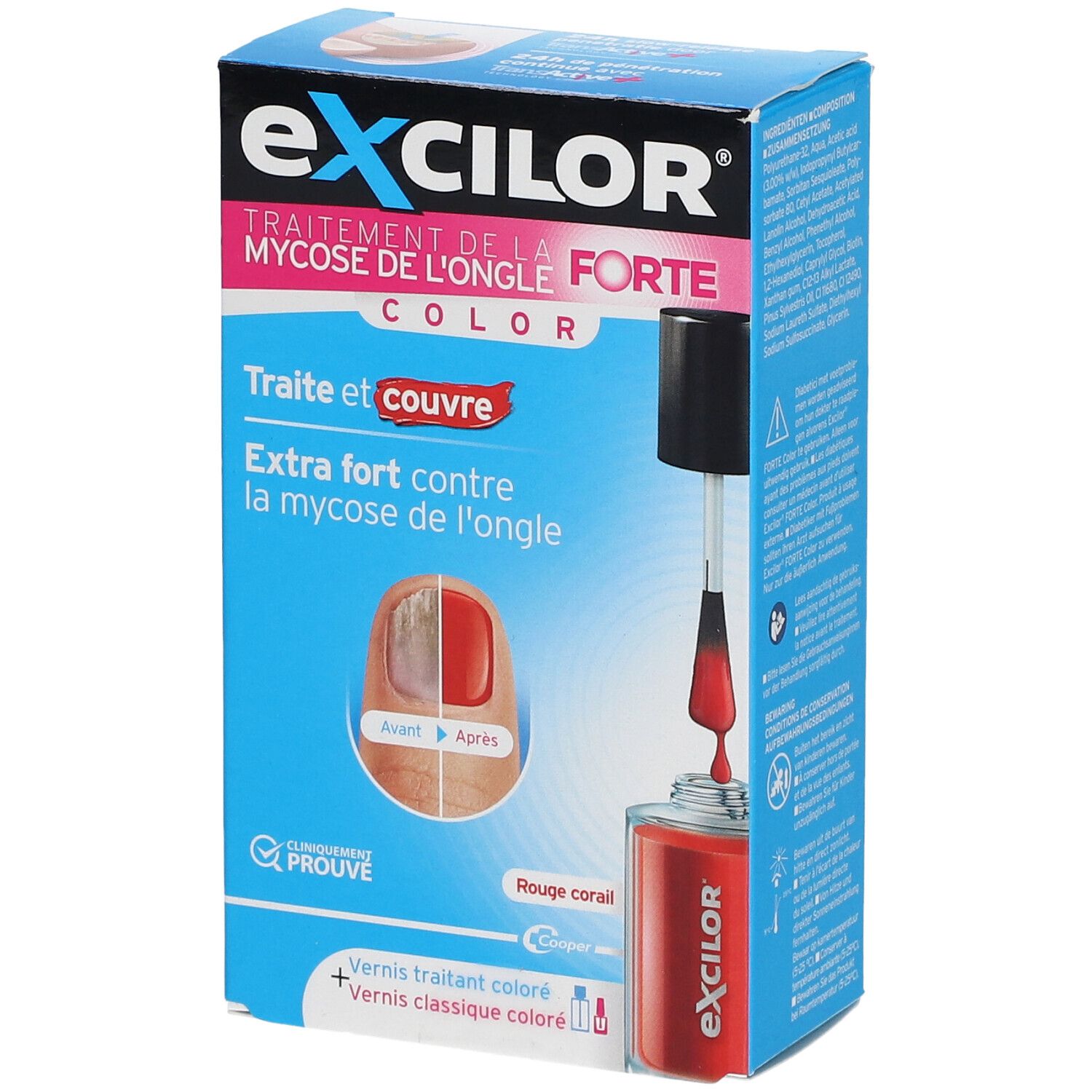 Excilor Forte doos. Behandeling schimmelnagels. Koraalrood. Voor/Na. Klinisch bewezen.