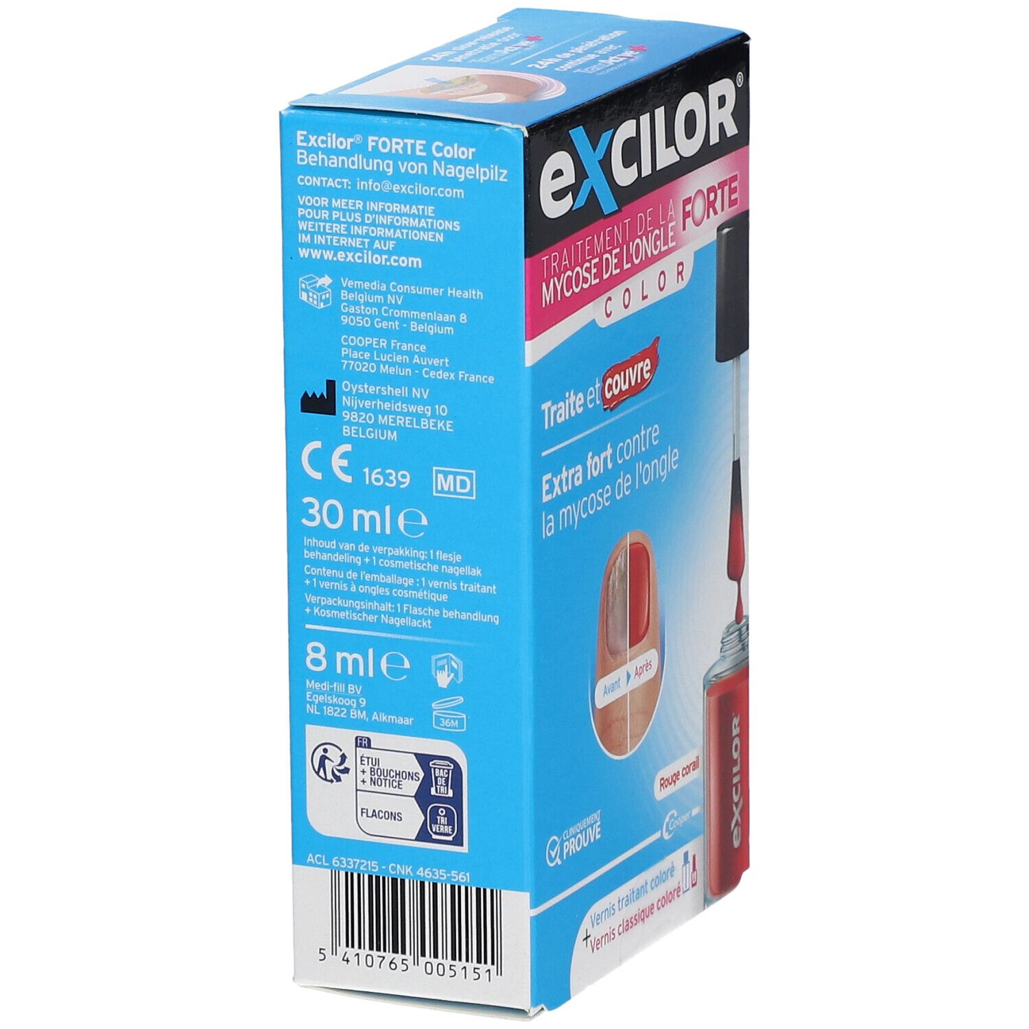 Excilor Forte, behandeling schimmelnagels. Ingrediënten, 30 ml, 8 ml. CE-markering. Informatie.