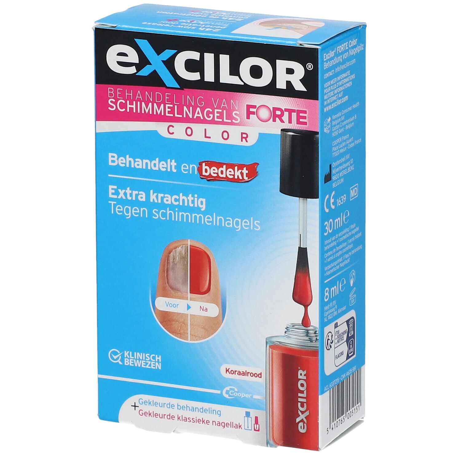 Excilor Forte, behandeling schimmelnagels. Koraalrood. Voor/Na. Klinisch bewezen.