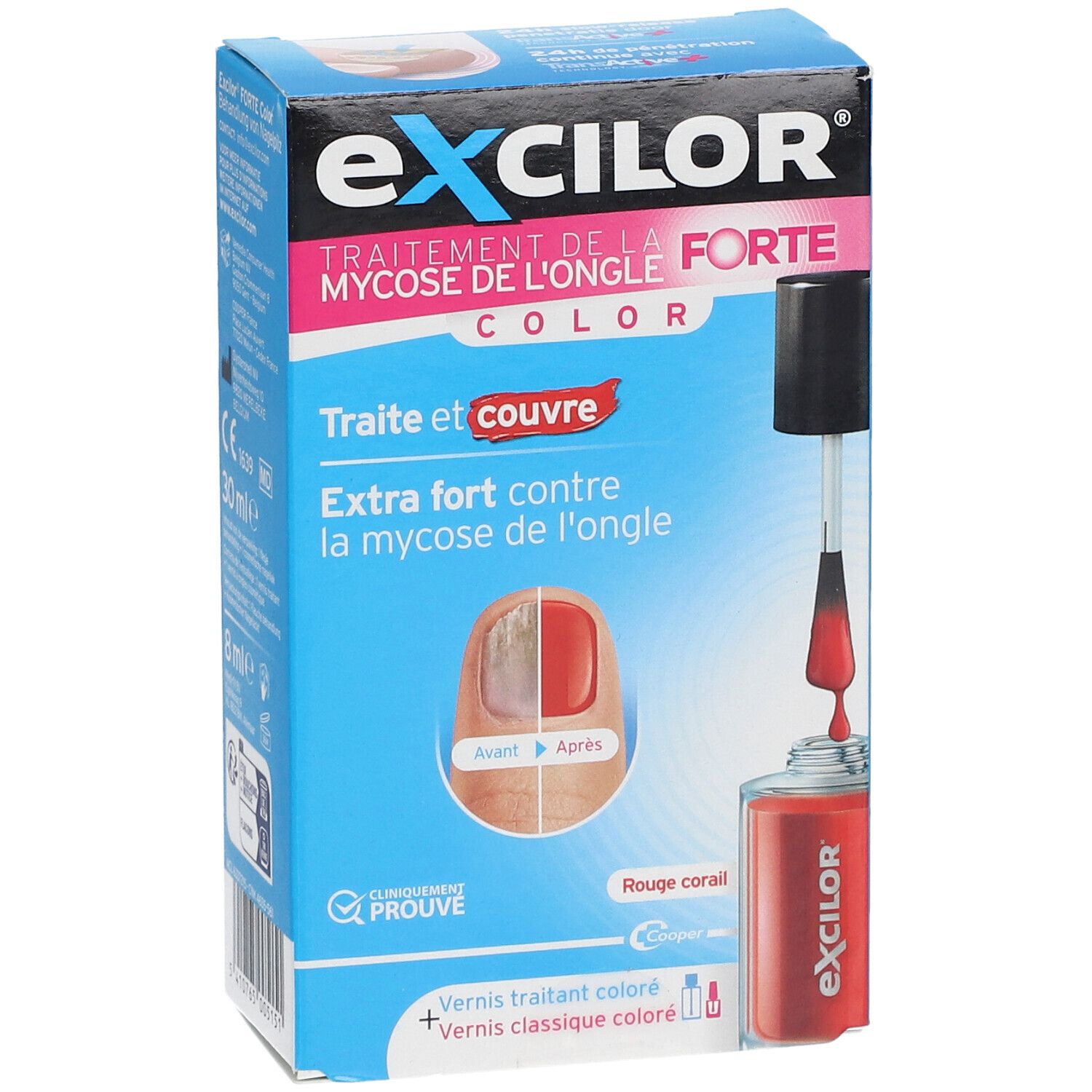 Excilor Forte, behandeling schimmelnagels. Koraalrood. Voor/Na. Klinisch bewezen.