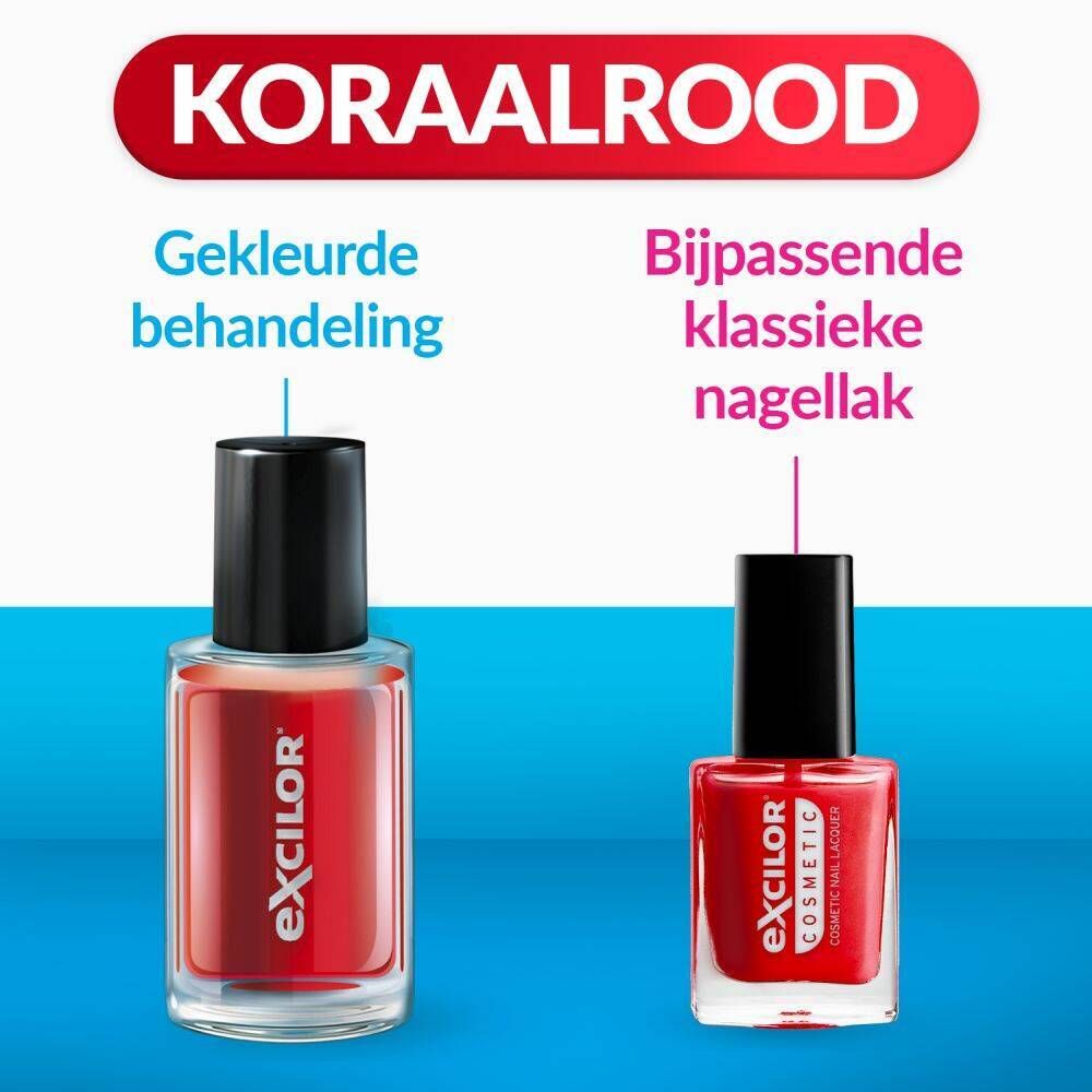 Rode nagellak en bijpassende nagellak. Excilor Cosmetic. Koraalrood. Flessen.