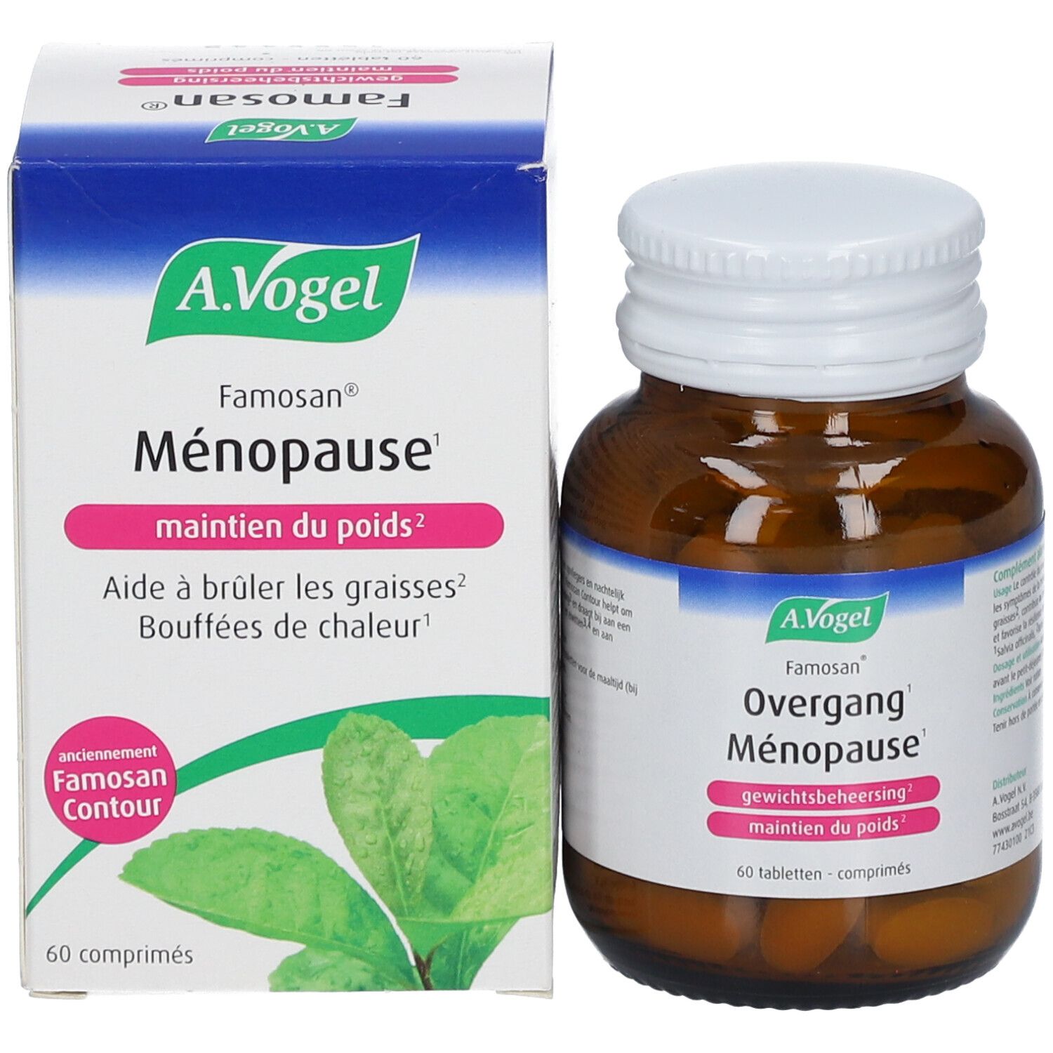 Produktverpackung und Flasche. Aufschrift: A. Vogel, Famosan, Ménopause, maintien du poids. 60 comprimés. Grün-weiße Verpackung.