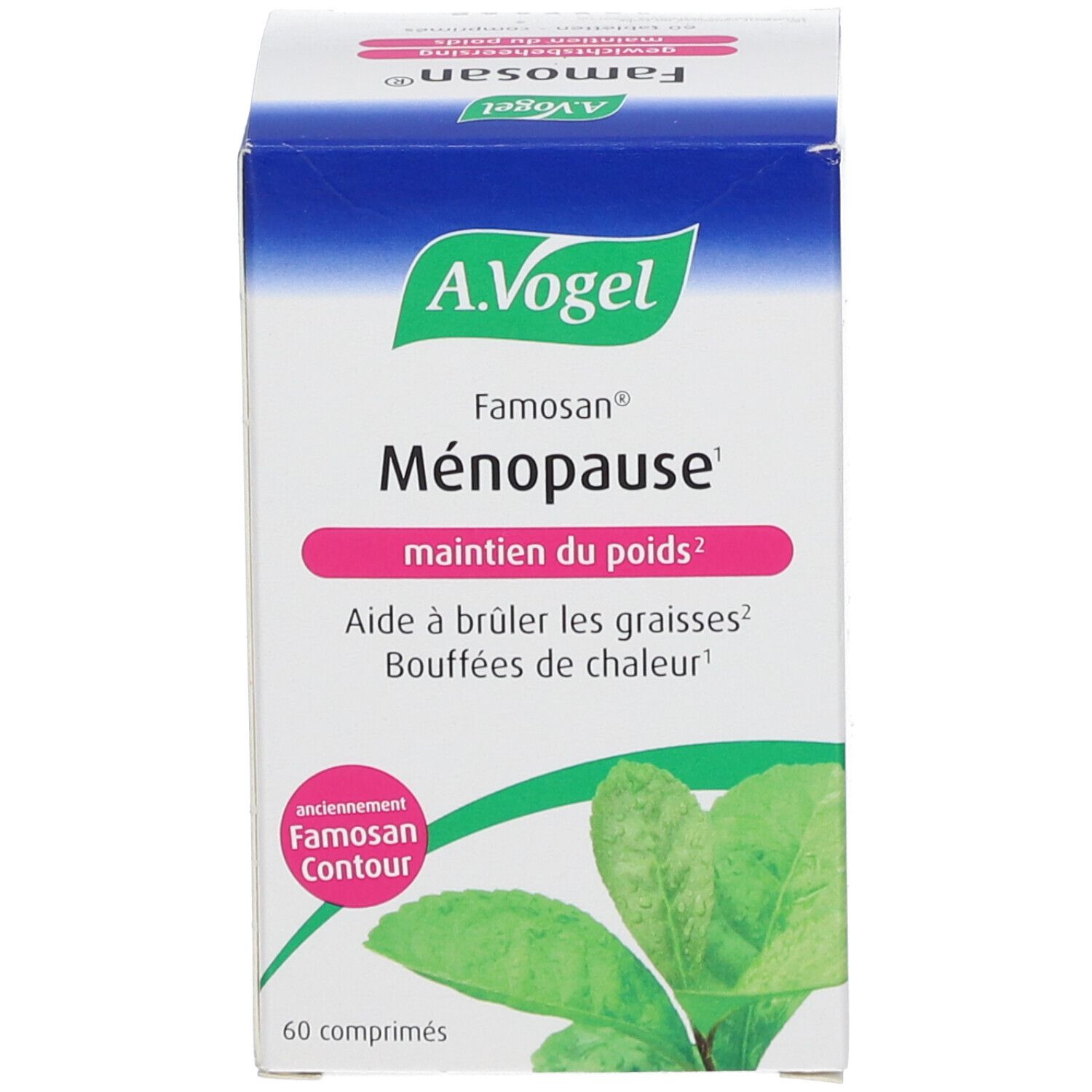 Grün-weiße Produktverpackung. Aufschrift: A. Vogel, Famosan, Ménopause, maintien du poids. 60 comprimés. Mit Blättern.