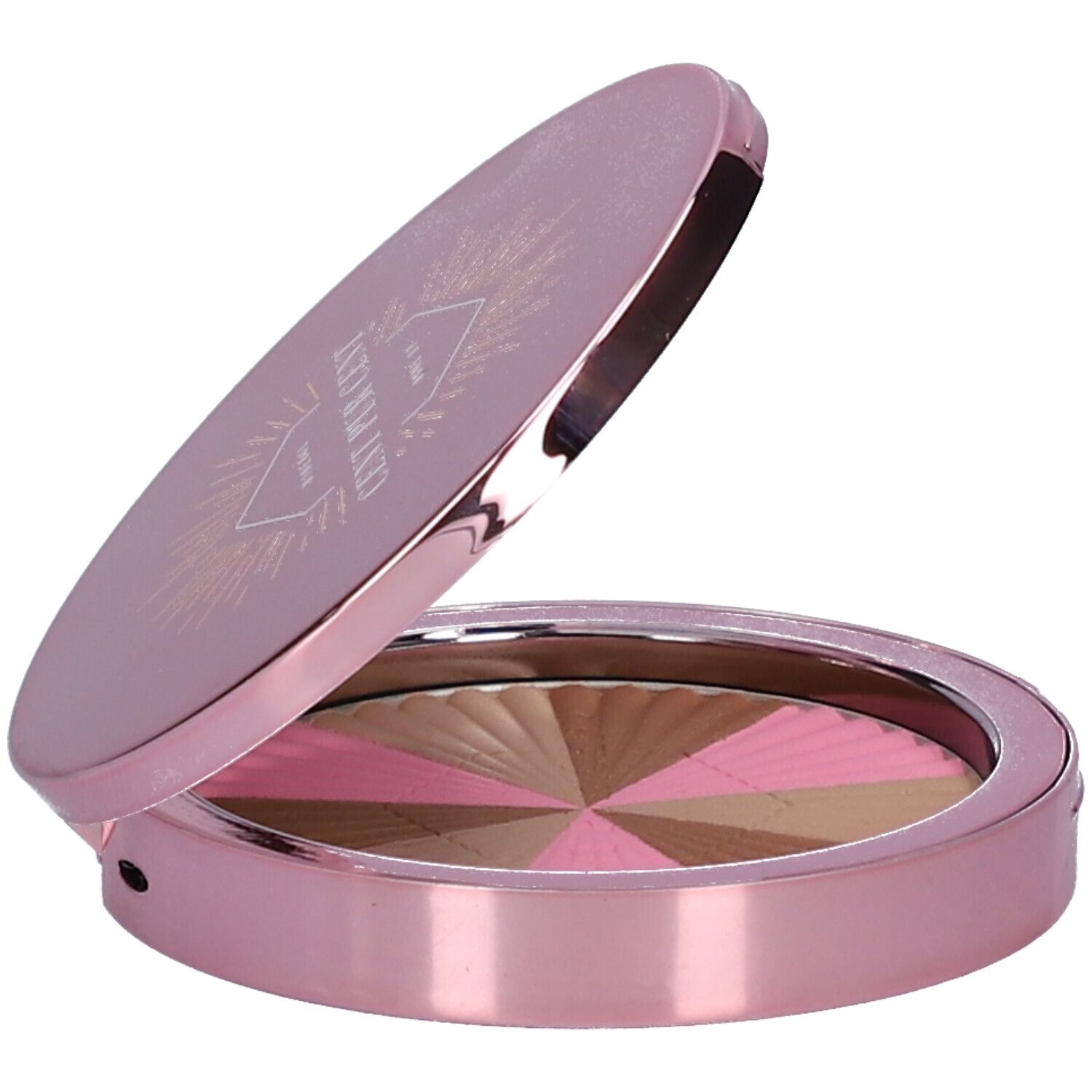 Boîtier de poudre compacte rose, ouvert. Segments de poudre multicolores.