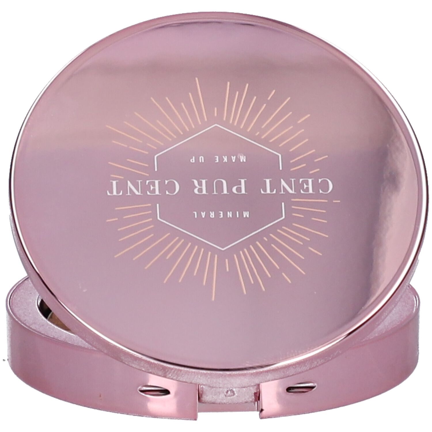 Boîtier de poudre compacte rose fermé. Inscription : CENT PUR CENT MINERAL MAKE UP.