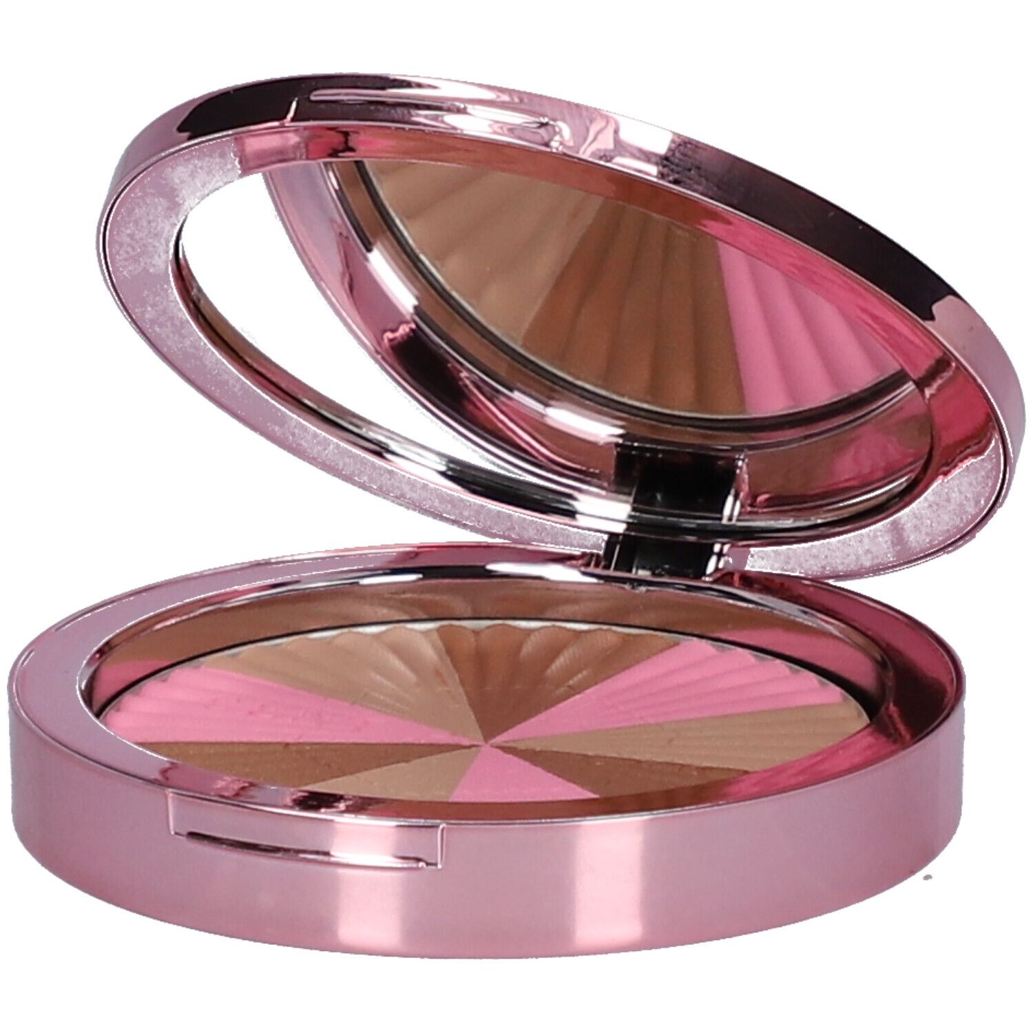 Poudre compacte rose, ronde, avec miroir. Segments de poudre multicolores.