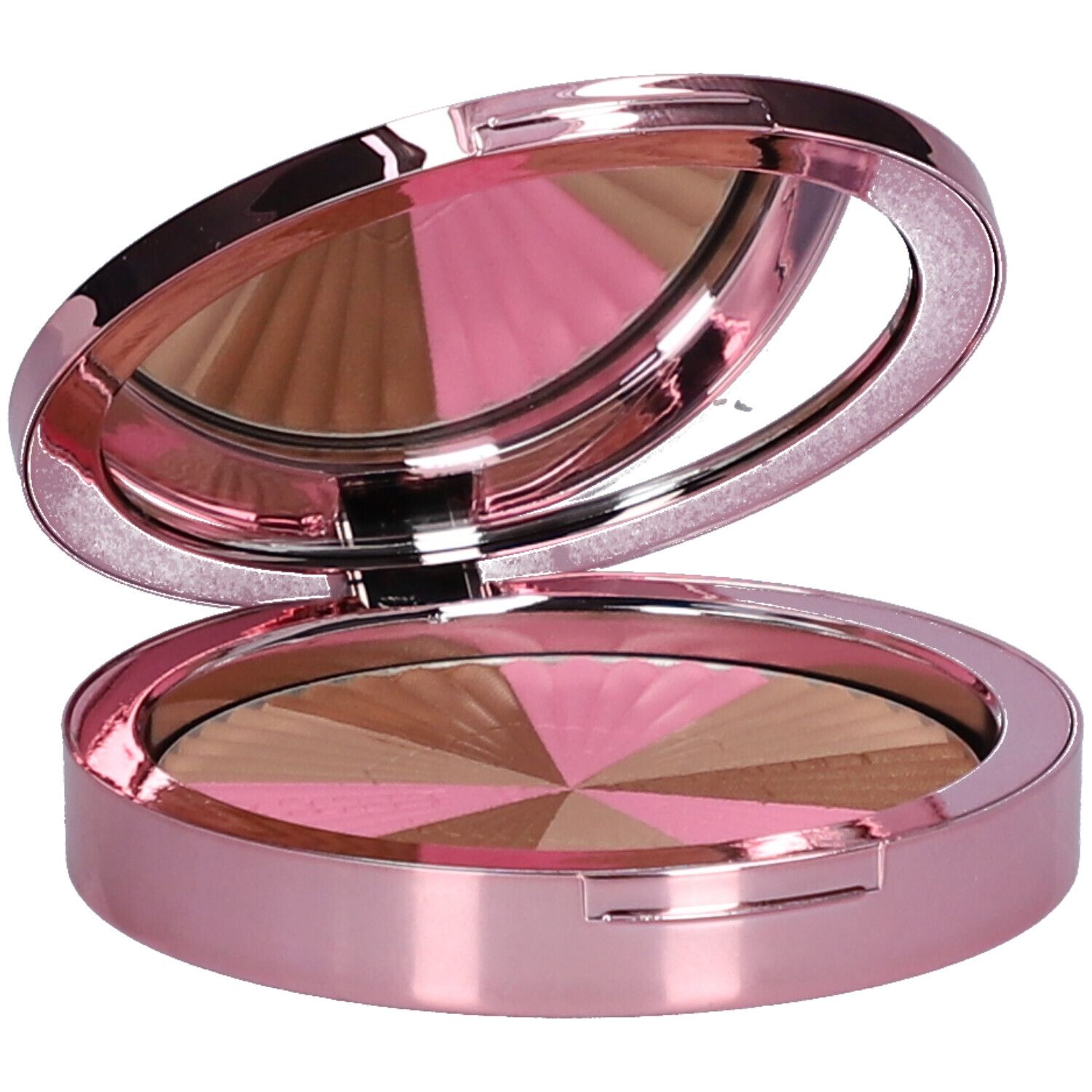Poudre compacte rose, ronde, avec miroir. Segments de poudre multicolores.