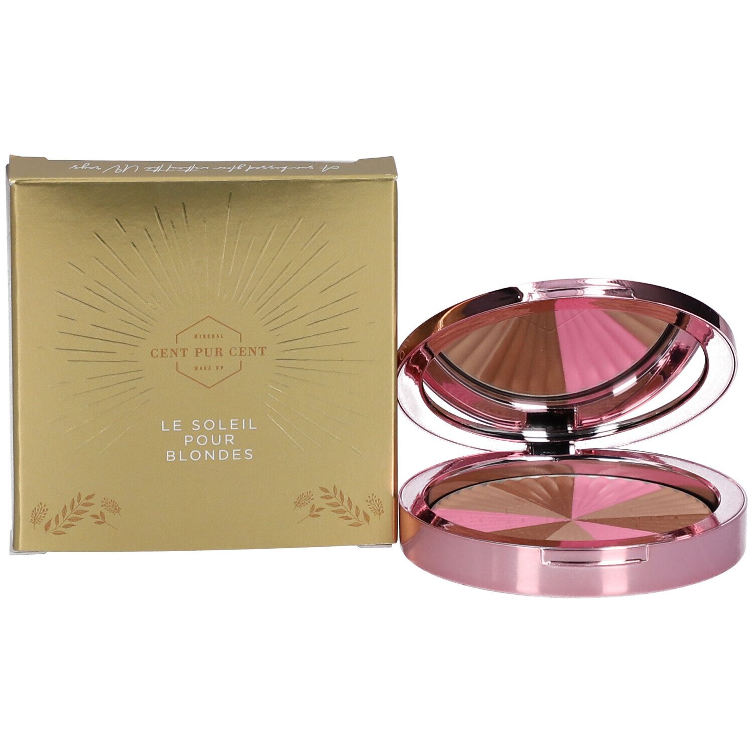Boîte dorée et poudre compacte rose. Inscription : CENT PUR CENT Le Soleil Blondes.