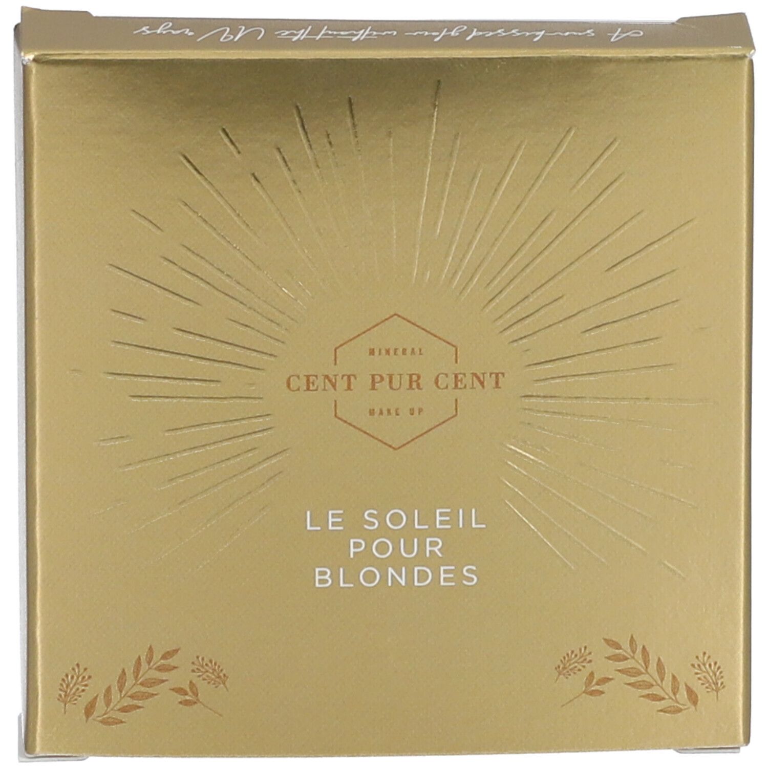 Boîte dorée. Inscription : CENT PUR CENT MINERAL MAKE UP Le Soleil pour Blondes.