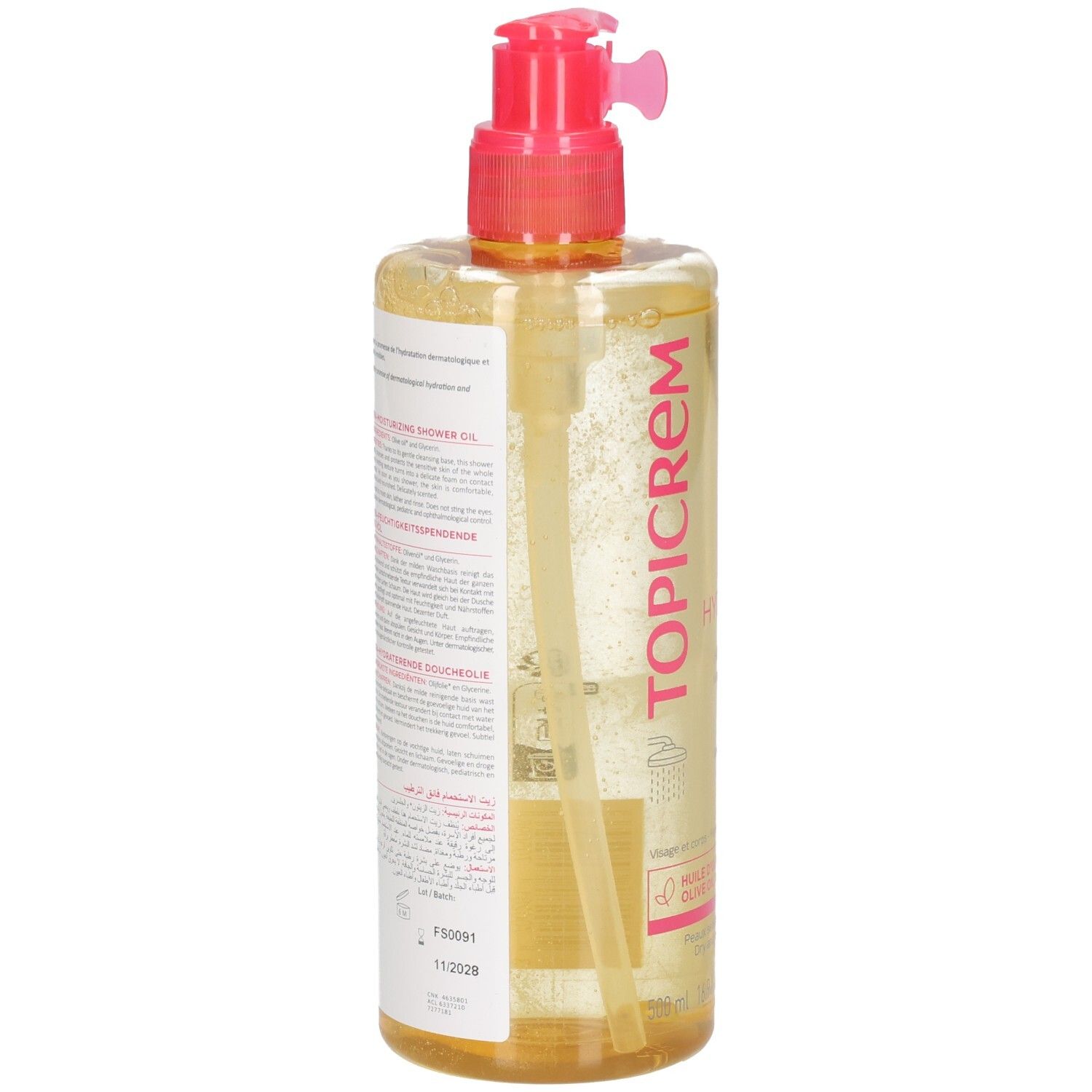 Rückseite der Topicrem Ultra Hydratant Duschöl-Flasche. Text in mehreren Sprachen. Rosa und weiße Schrift.
