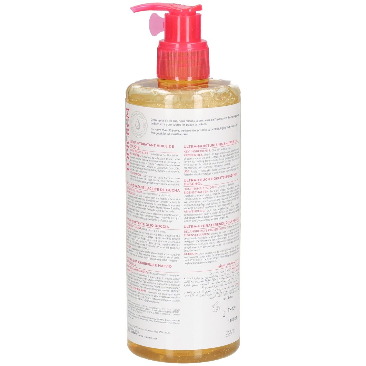 Rückseite der Topicrem Ultra Hydratant Duschöl-Flasche. Text in mehreren Sprachen. Rosa und weiße Schrift.