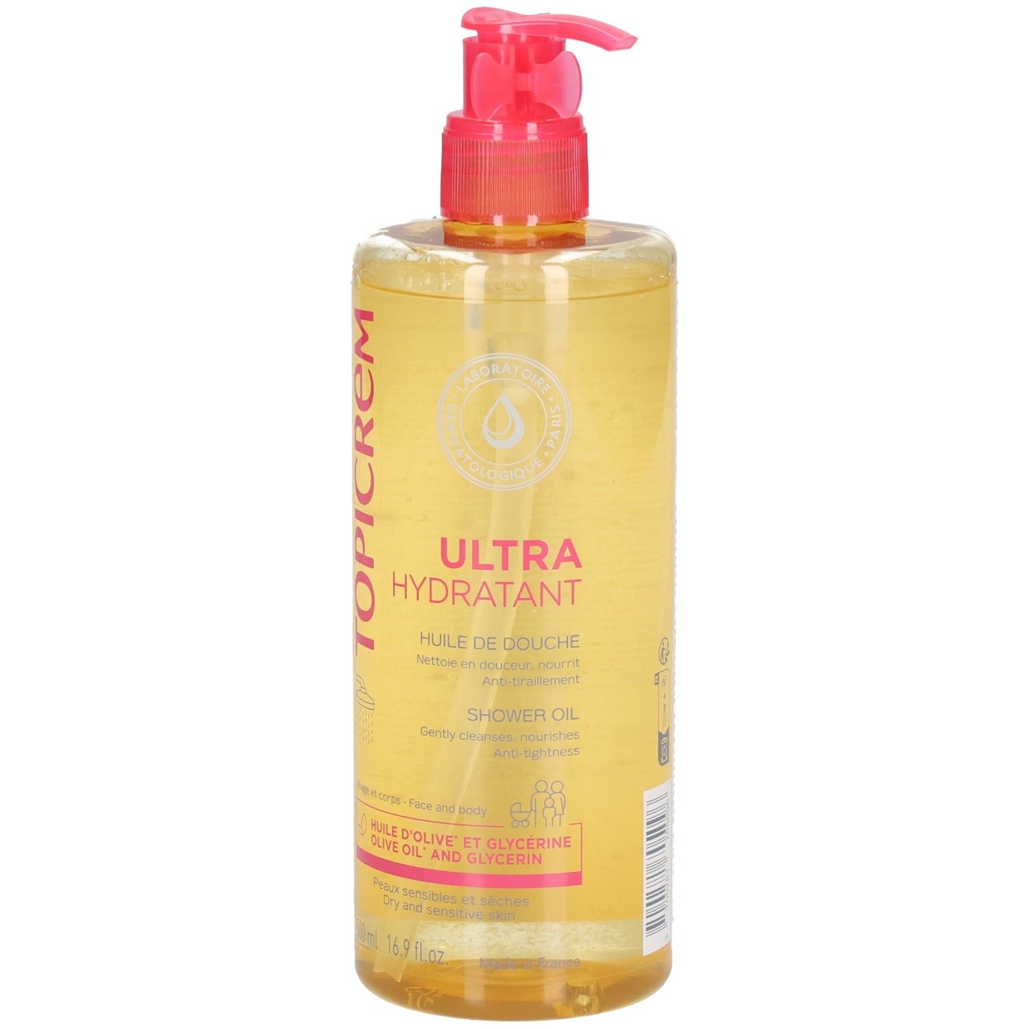 Topicrem Ultra Hydratant Duschöl. Transparente Flasche mit rosa Pumpkopf. Produktbezeichnungen in Rosa und Weiß.
