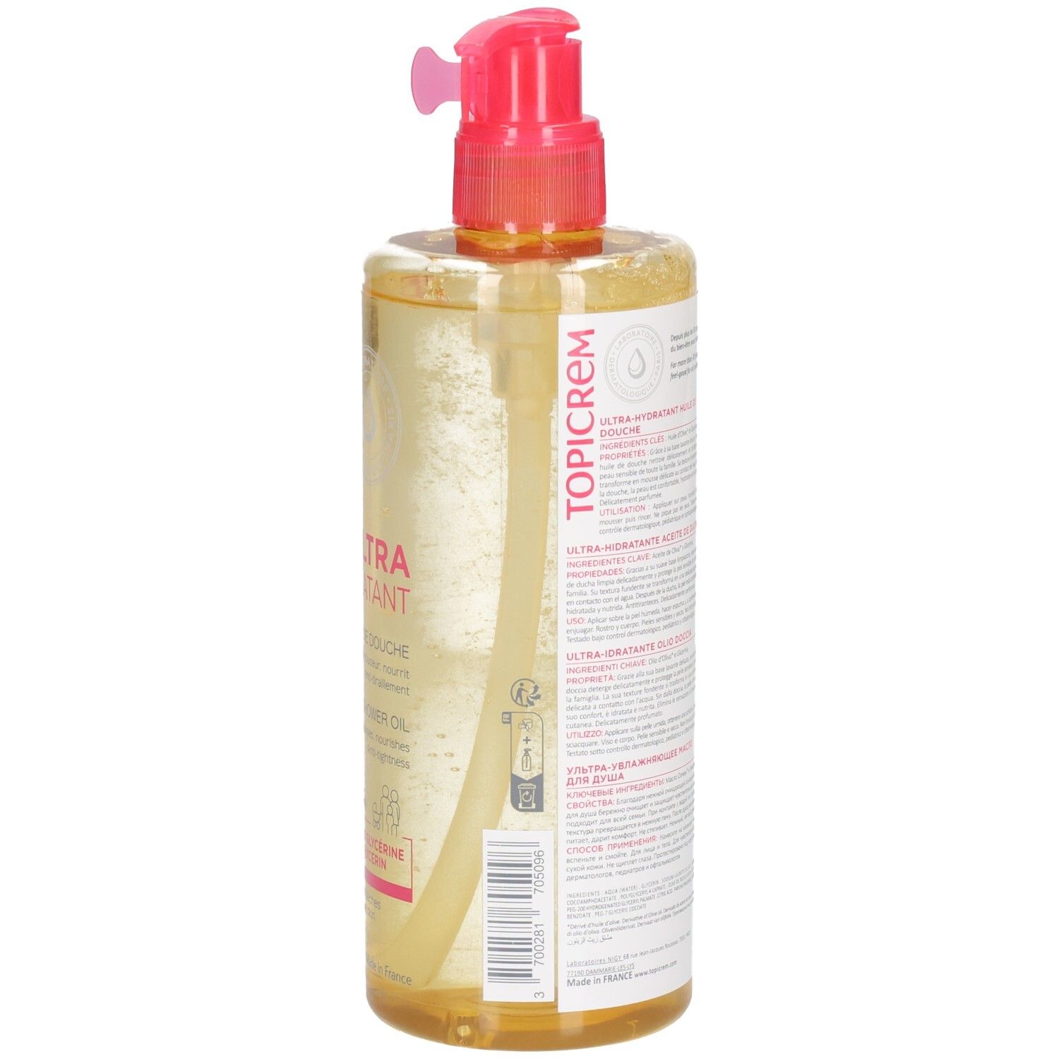 Rückseite der Topicrem Ultra Hydratant Duschöl-Flasche. Text in mehreren Sprachen. Rosa und weiße Schrift.