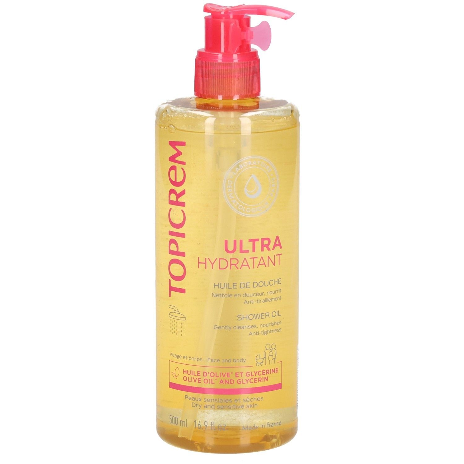 Topicrem Ultra Hydratant Duschöl. Transparente Flasche mit rosa Pumpkopf. Produktbezeichnungen in Rosa und Weiß.