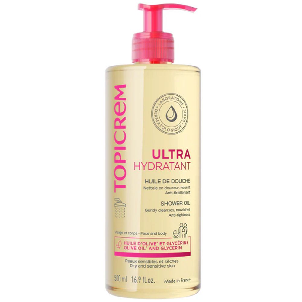 Topicrem Ultra Hydratant Huile de Douche. Gelbe Flasche mit rosa Pumpe. Text: Ultra Hydratant, Huile de Douche, 500 ml.