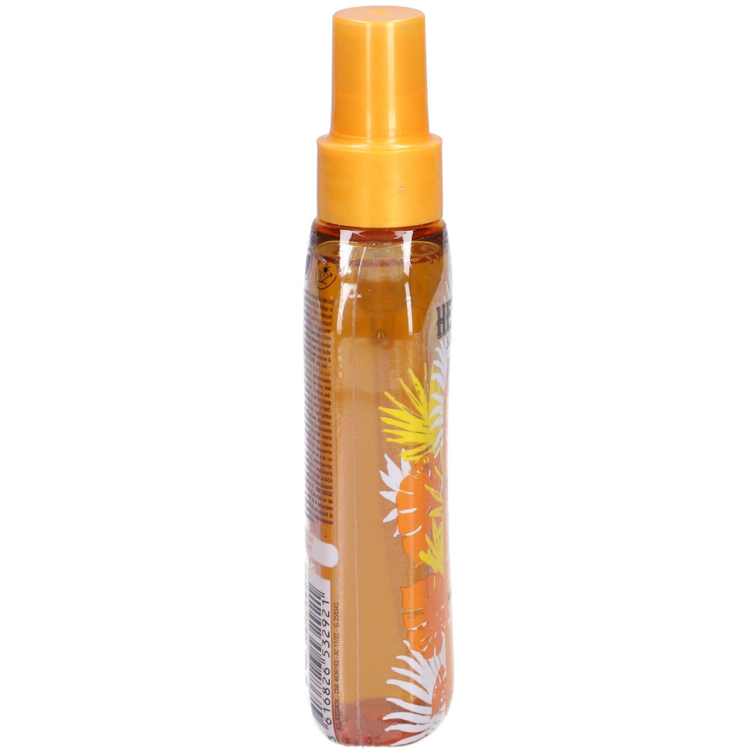 Sonnenschutzöl-Spray, Seitenansicht. Gelbe Flasche mit Produktinformationen und floralem Design. Marke Hei Poa.