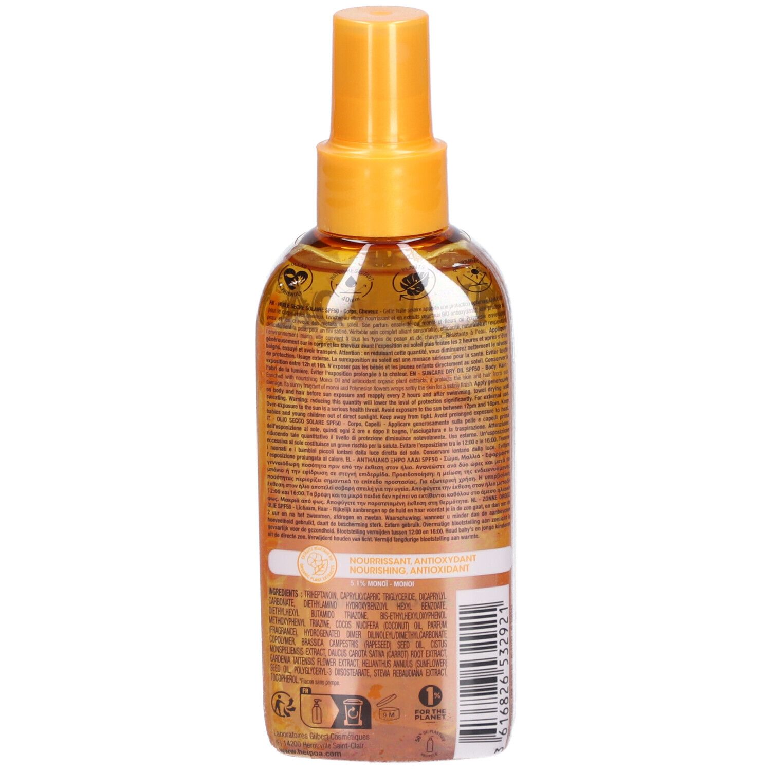 Rückansicht des Sonnenschutzöl-Sprays. Gelbe Flasche mit Produktinformationen. Marke Hei Poa.