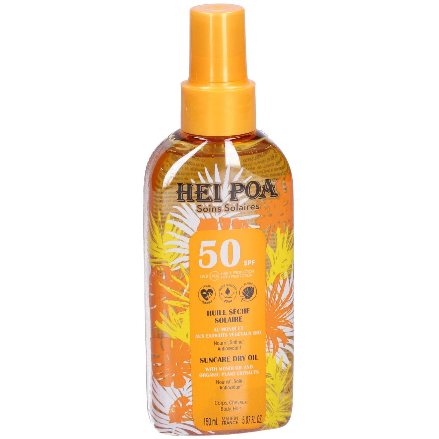 Sonnenschutzöl-Spray mit SPF 50. Gelbe Flasche mit Produktinformationen und floralem Design. Marke Hei Poa.