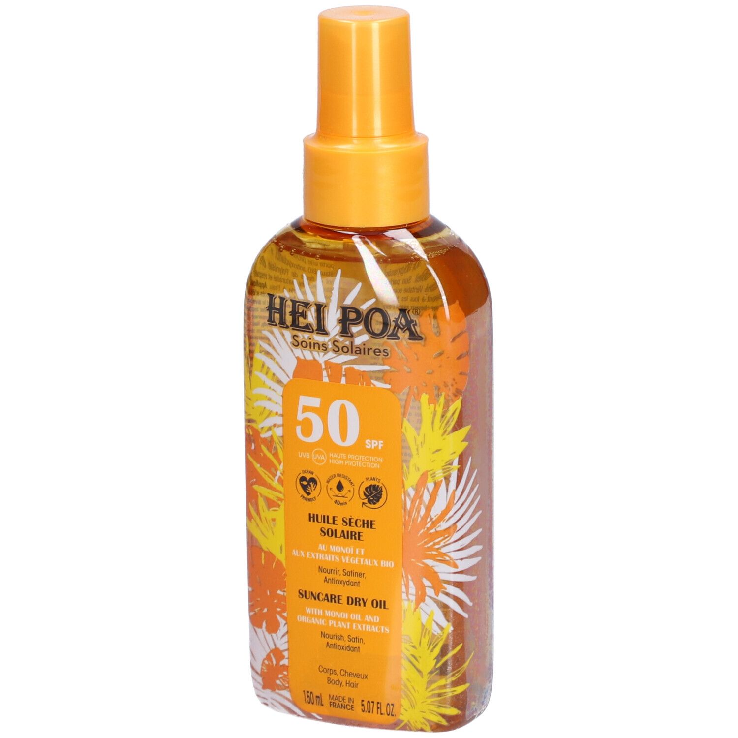 Sonnenschutzöl-Spray mit SPF 50. Gelbe Flasche mit Produktinformationen und floralem Design. Marke Hei Poa.