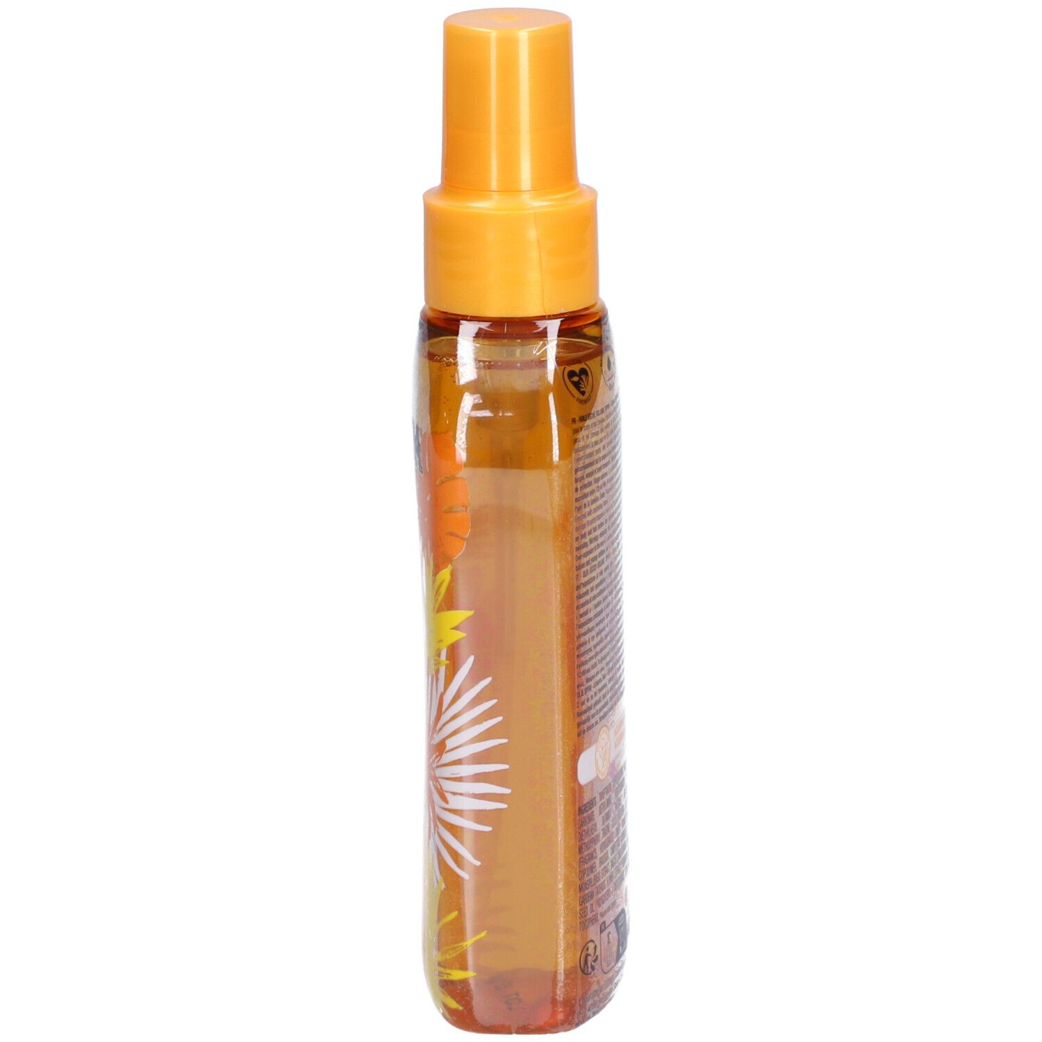 Sonnenschutzöl-Spray, Seitenansicht. Gelbe Flasche mit Produktinformationen und floralem Design. Marke Hei Poa.