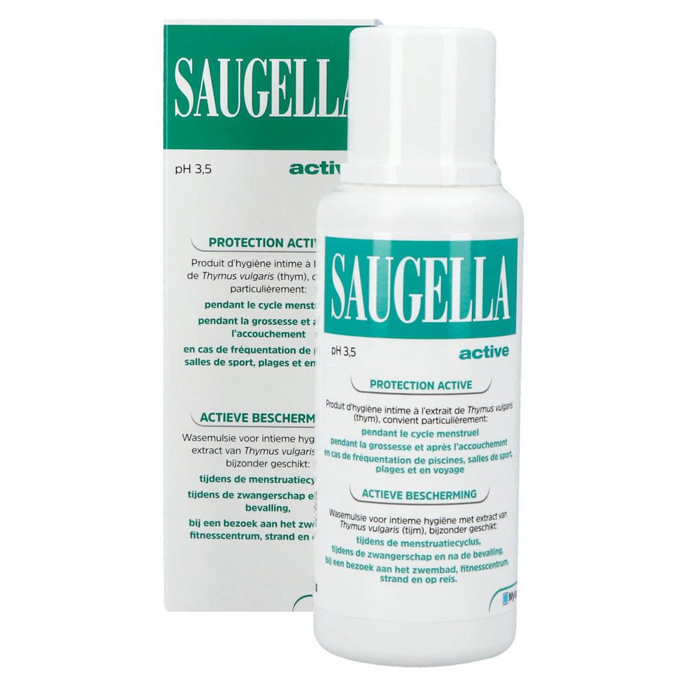 Productverpakking met fles. Opschrift: Saugella, active, pH 3.5. Product voor intieme hygiëne.