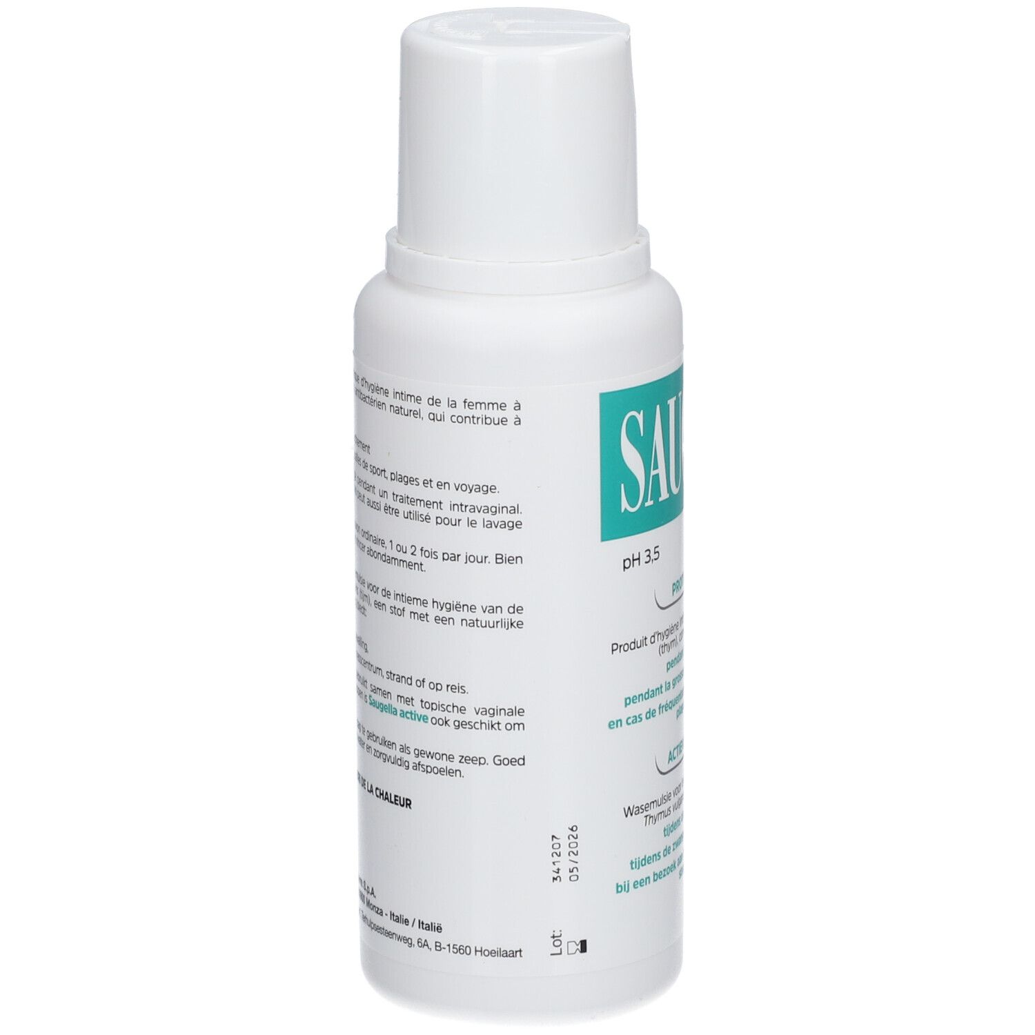 Achterkant van de witte fles met groen etiket. Meertalige tekst. Product voor intieme hygiëne.