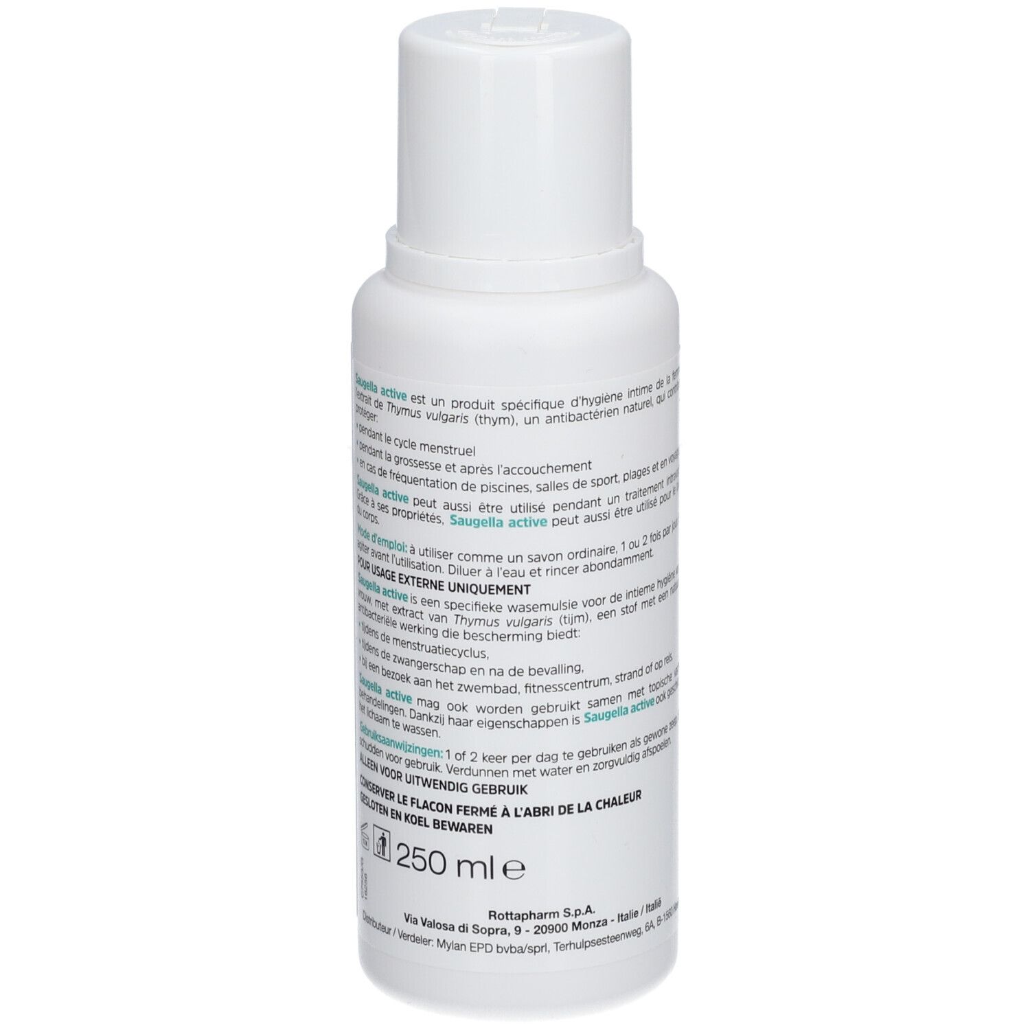Achterkant van de witte fles met groen etiket. Meertalige tekst. Product voor intieme hygiëne.