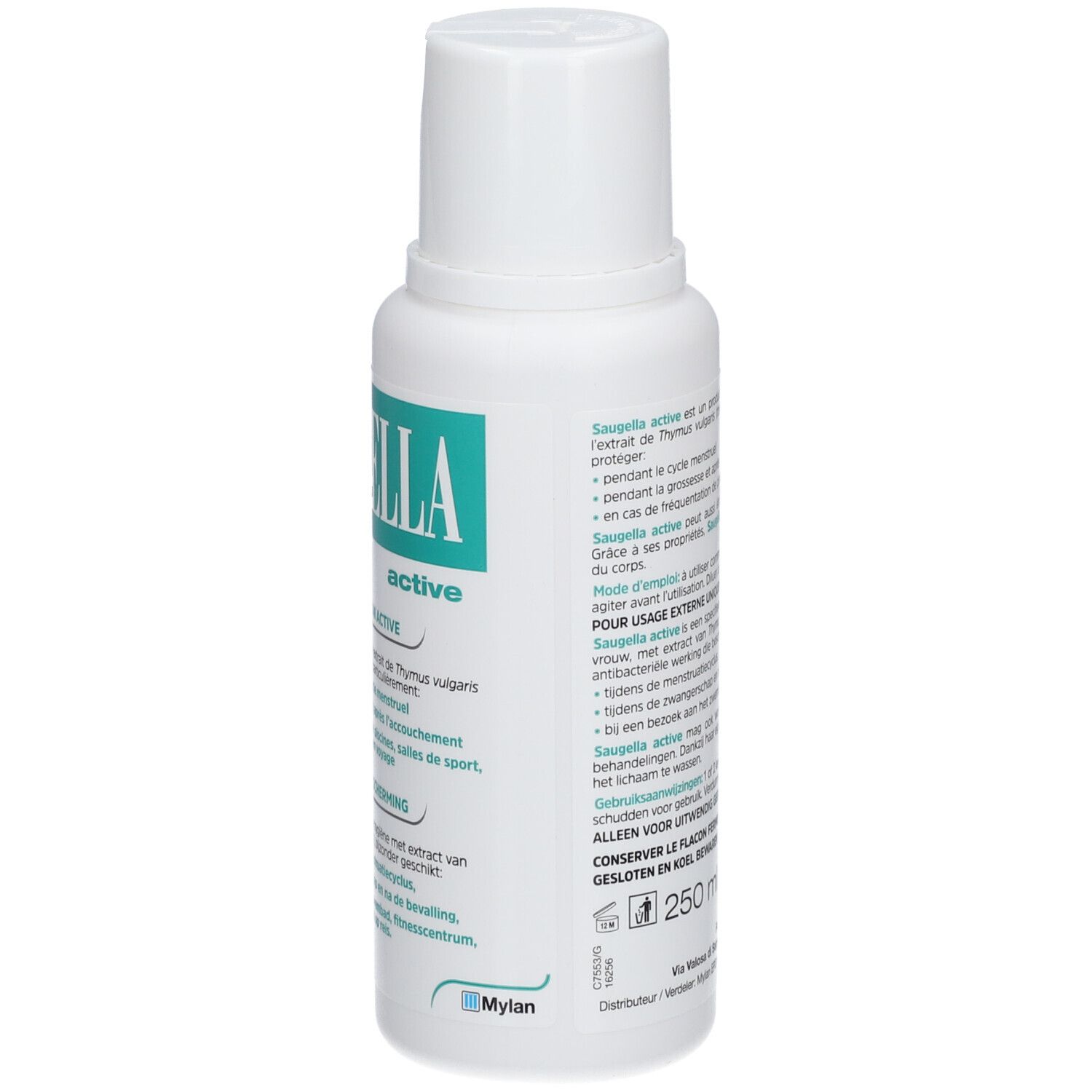 Witte fles met groen etiket. Opschrift: Saugella, active, pH 3.5. Product voor intieme hygiëne.