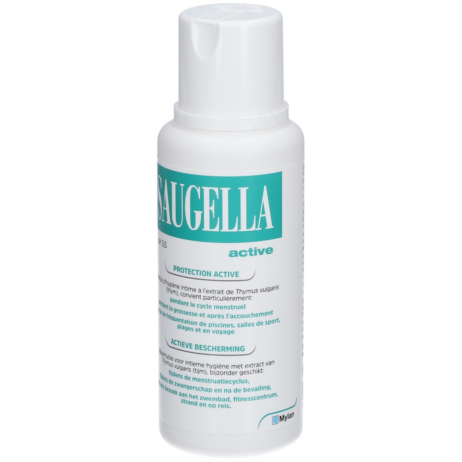 Witte fles met groen etiket. Opschrift: Saugella, active, pH 3.5. Product voor intieme hygiëne.