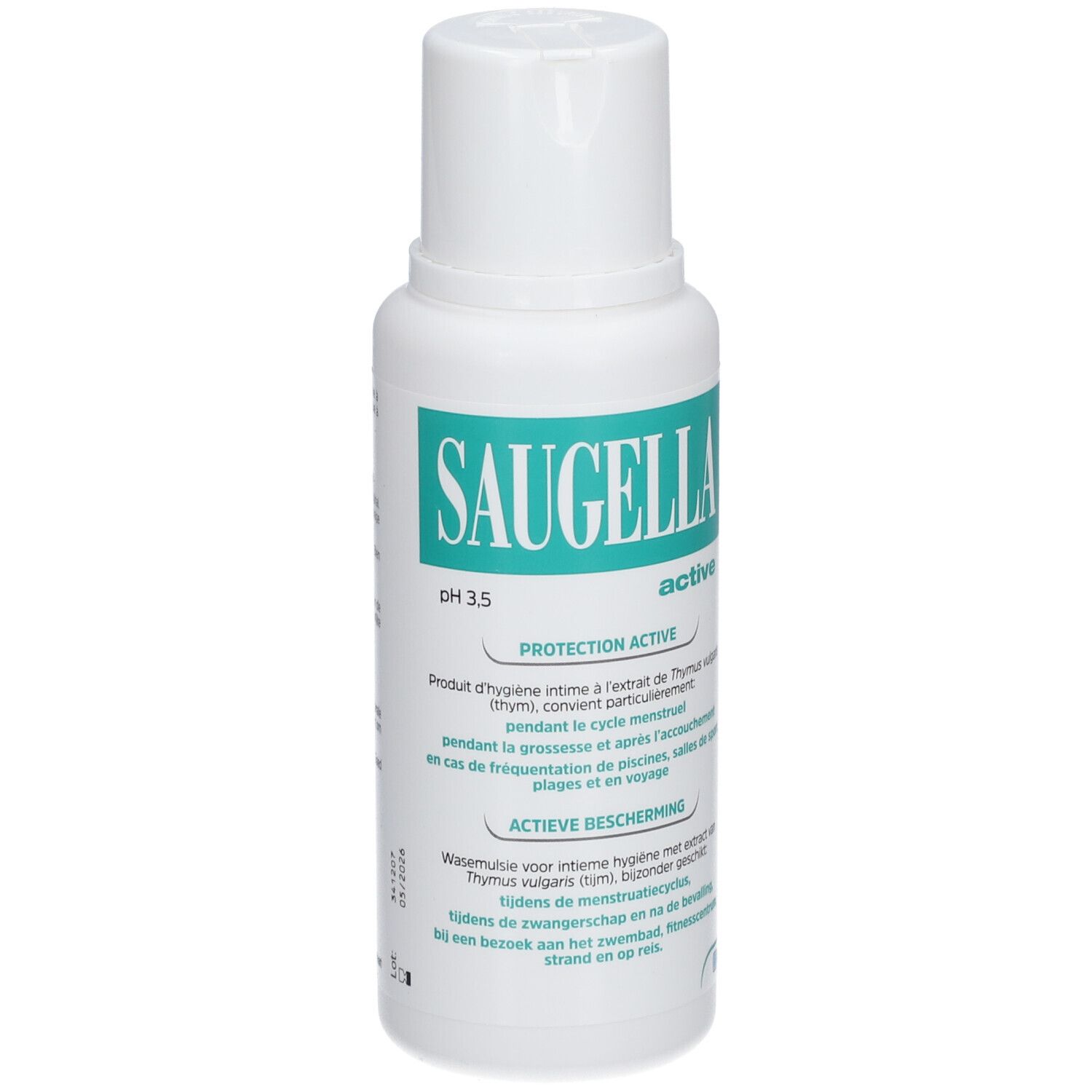Witte fles met groen etiket. Opschrift: Saugella, active, pH 3.5. Product voor intieme hygiëne.