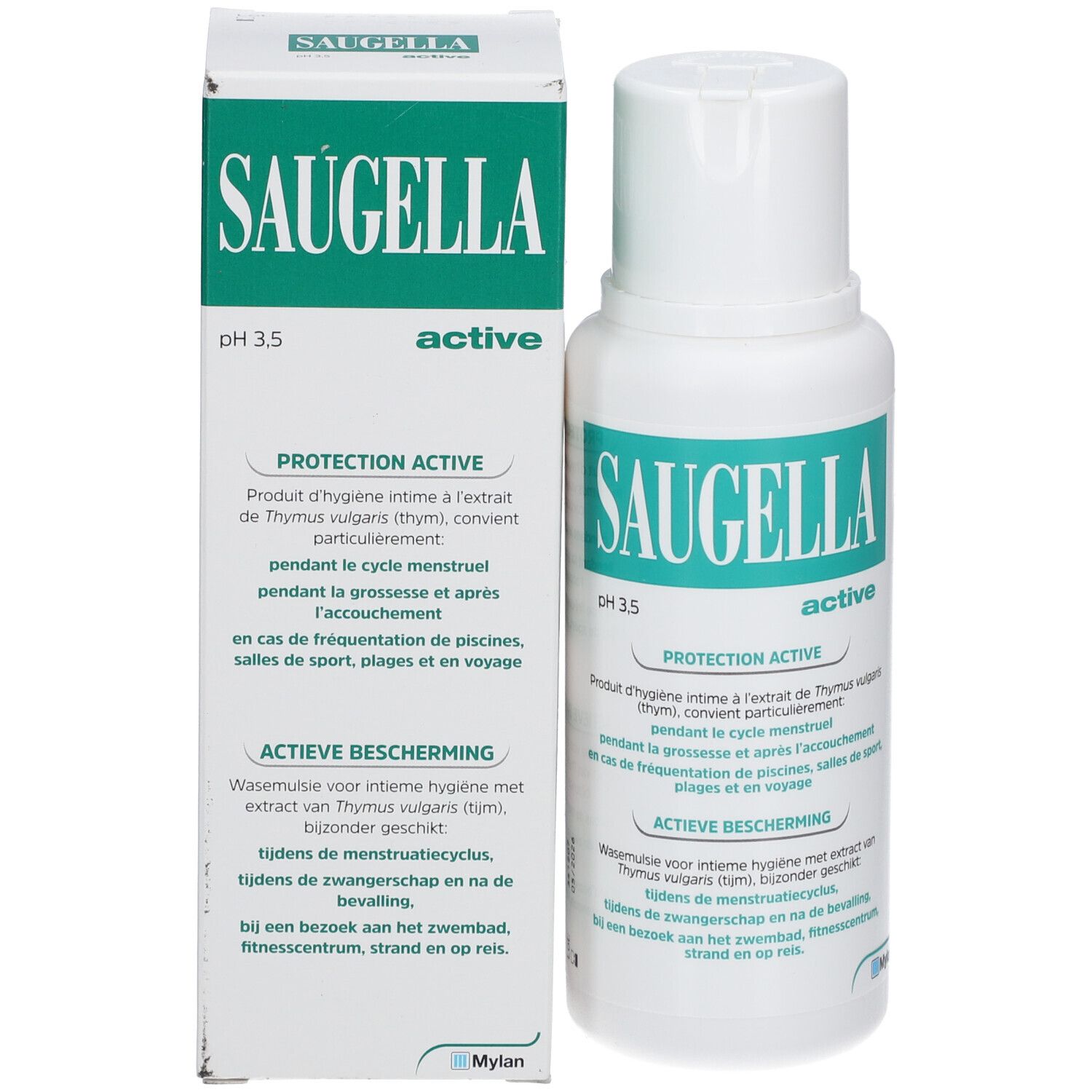 Productverpakking met fles. Opschrift: Saugella, active, pH 3.5. Product voor intieme hygiëne.