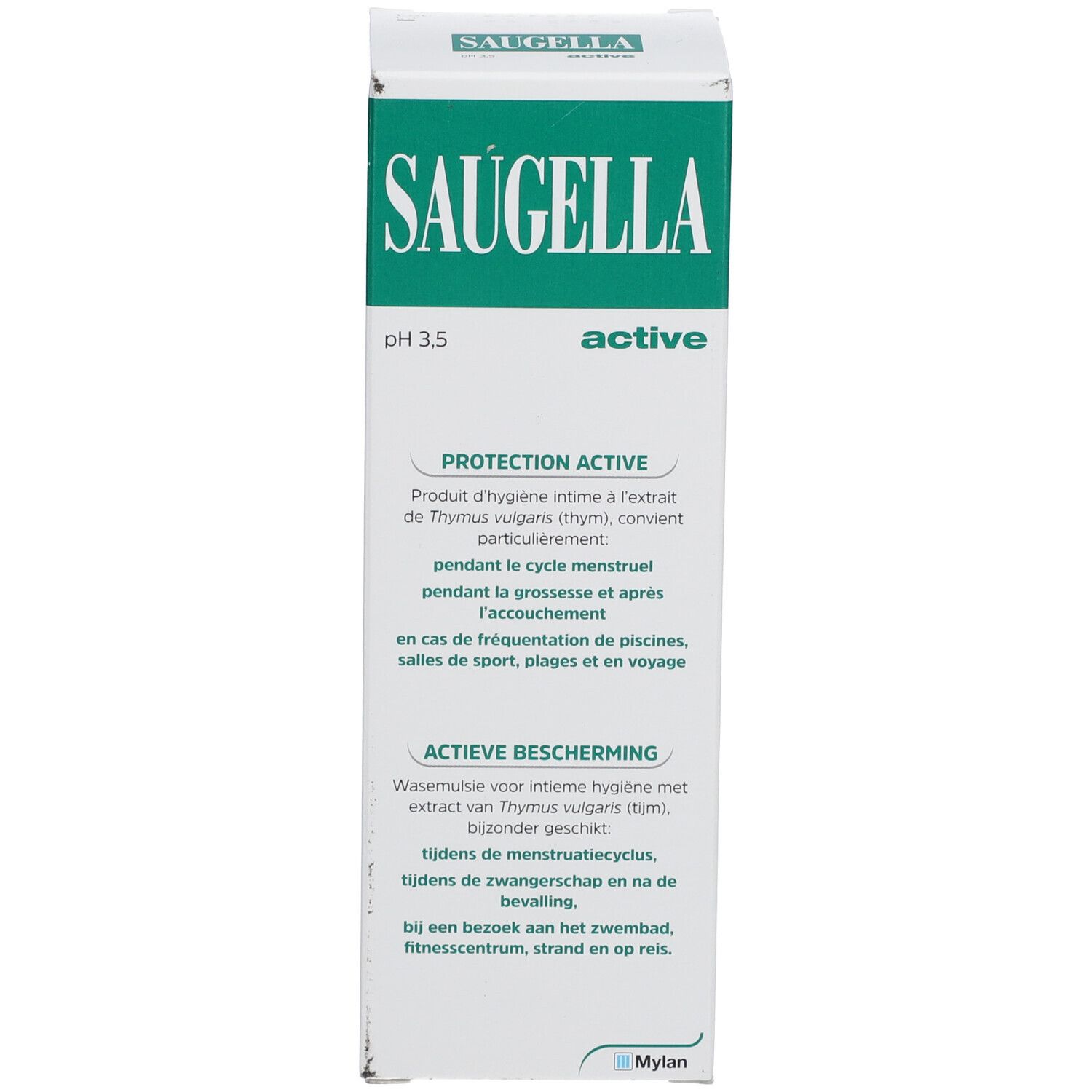 Productverpakking met fles. Opschrift: Saugella, active, pH 3.5. Product voor intieme hygiëne.