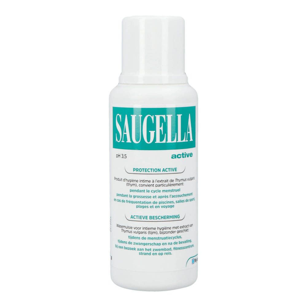 Witte fles met groen etiket. Opschrift: Saugella, active, pH 3.5. Product voor intieme hygiëne.