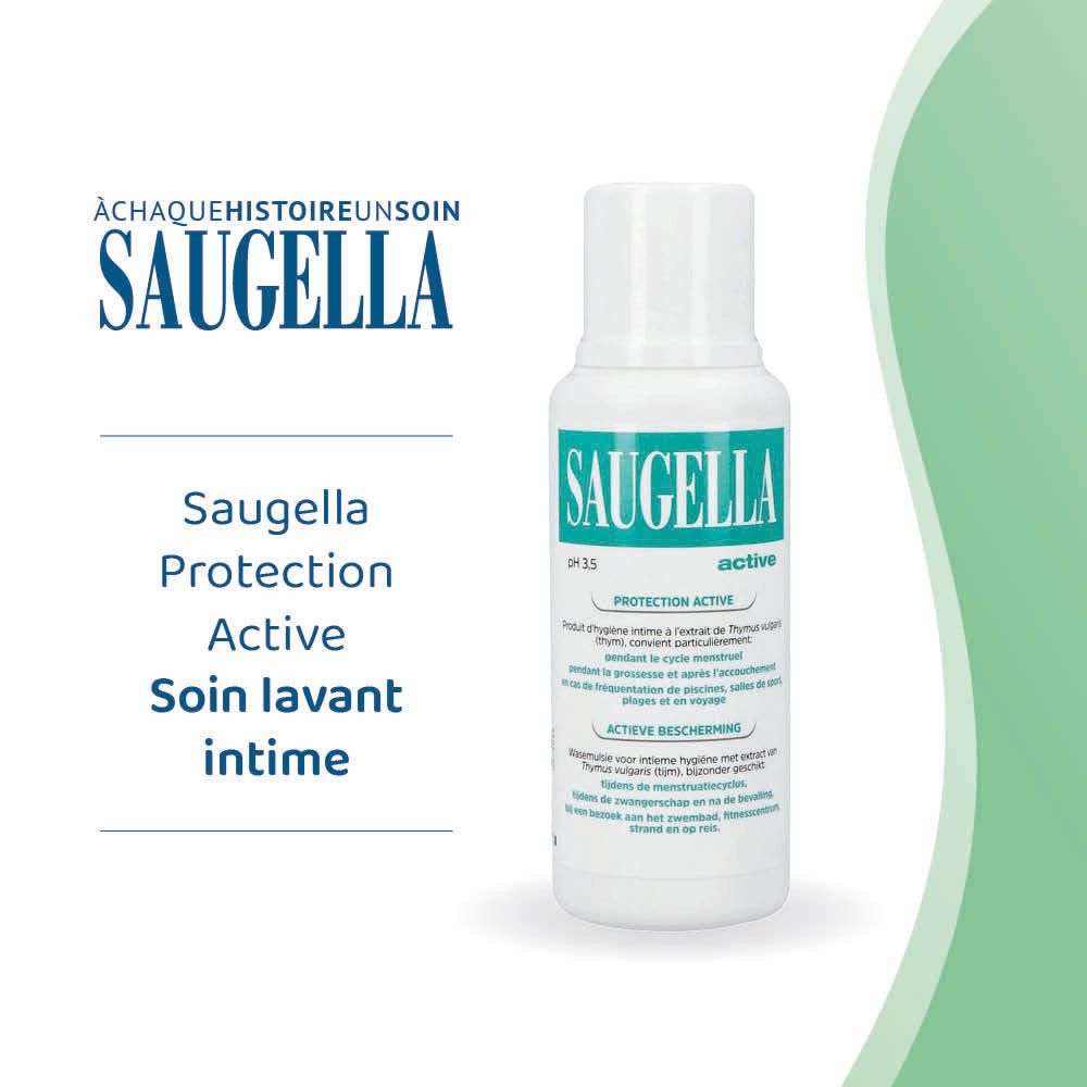 Flacon blanc avec étiquette verte. Inscription: Saugella, active, pH 3.5. Produit d'hygiène intime.