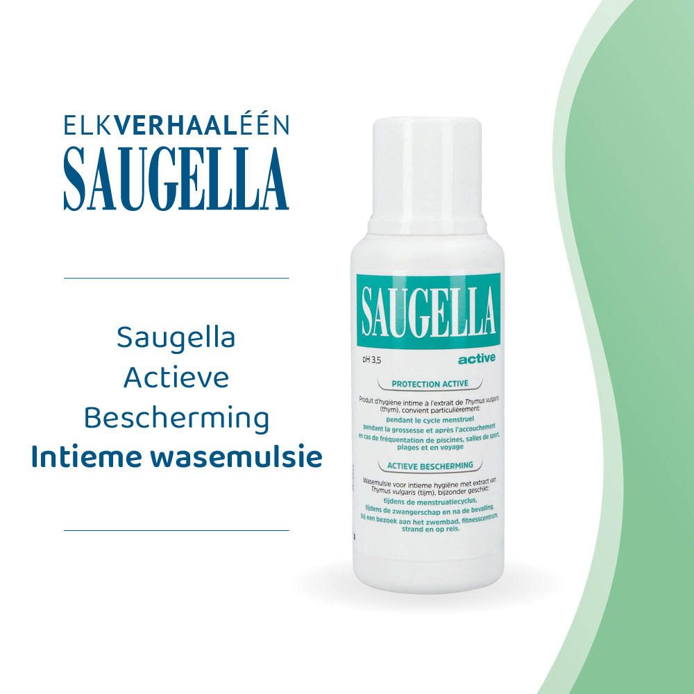 Witte fles met groen etiket. Opschrift: Saugella, active, pH 3.5. Product voor intieme hygiëne.