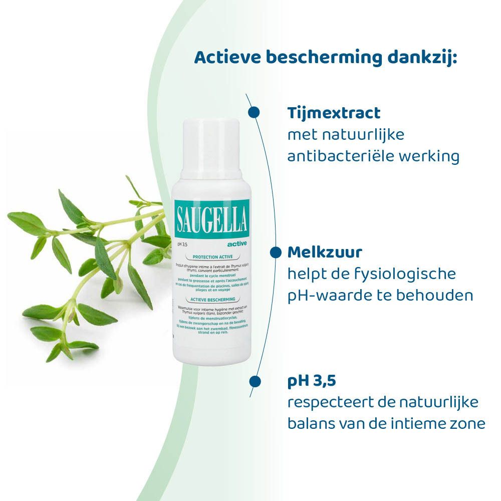 Witte fles met groen etiket. Opschrift: Saugella, active, pH 3.5. Product voor intieme hygiëne.