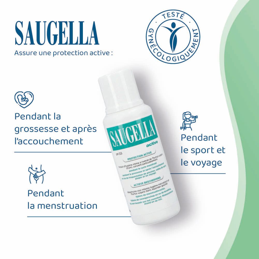 Flacon blanc avec étiquette verte. Inscription: Saugella, active, pH 3.5. Produit d'hygiène intime.