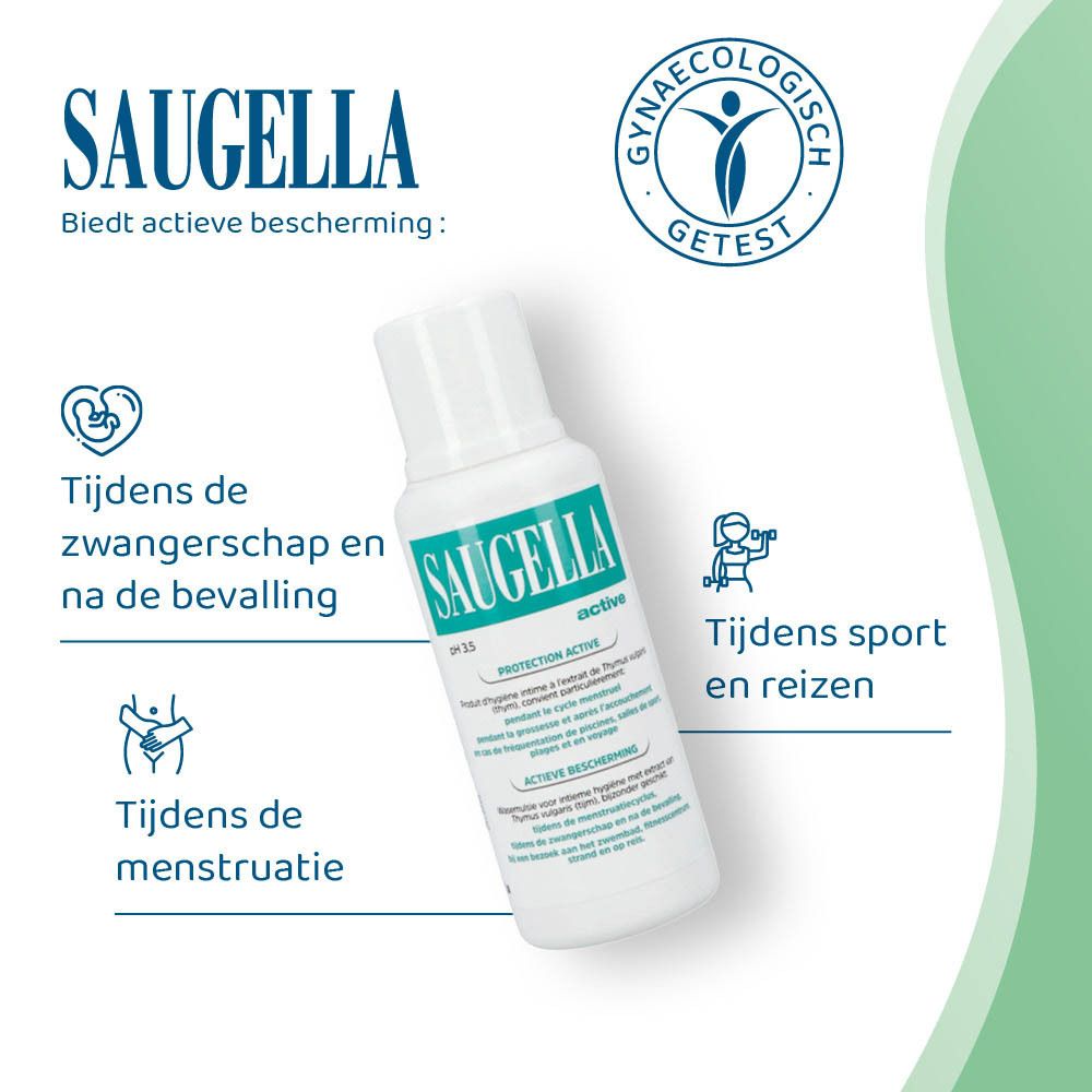 Witte fles met groen etiket. Opschrift: Saugella, active, pH 3.5. Product voor intieme hygiëne.